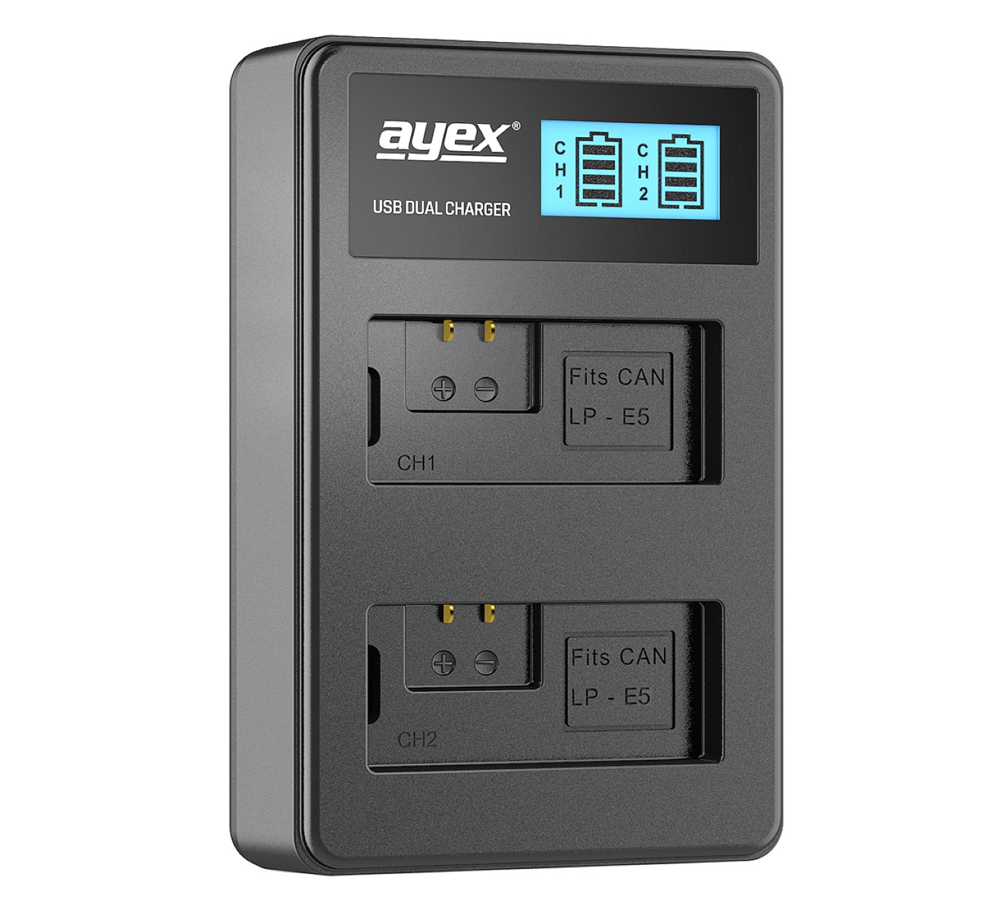 Schwarzes USB-Dual-Ladegerät für Canon LP-E5 Akkus. Zeigt den Akkuladestand an.