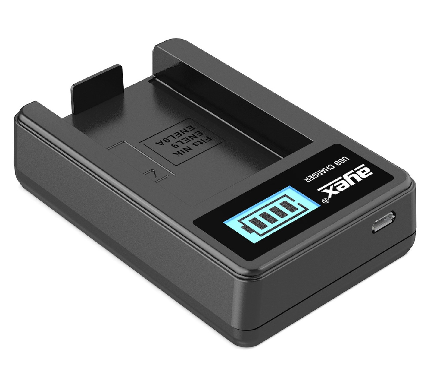 Schwarzes Kameragladegerät mit Digitalanzeige mit Batteriesymbol. Es hat auch einen USB-Anschluss.