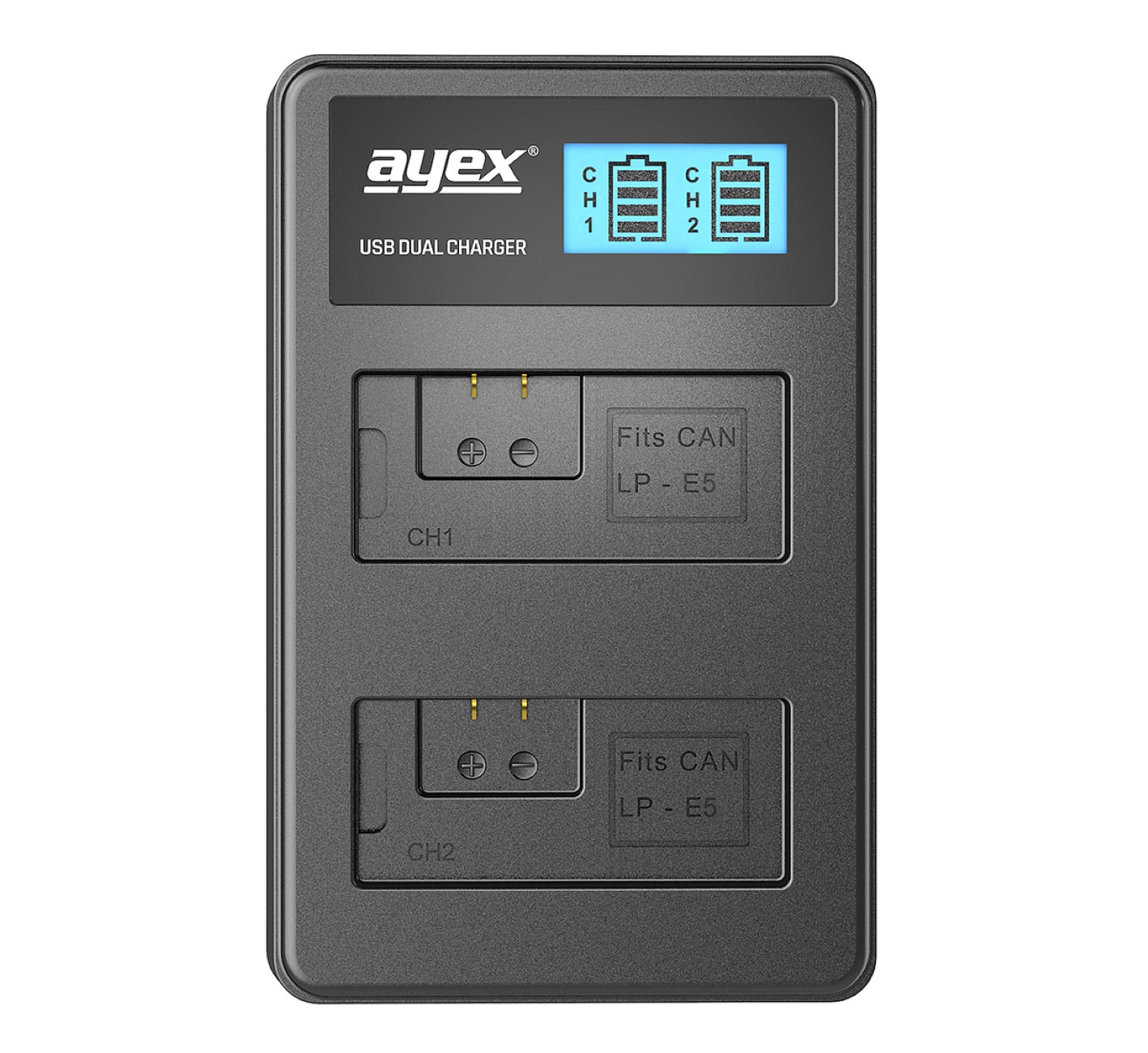 Schwarzes Batterieladegerät mit zwei Steckplätzen. Zeigt Batterie-Icons und Logo. Hintergrund weiß.