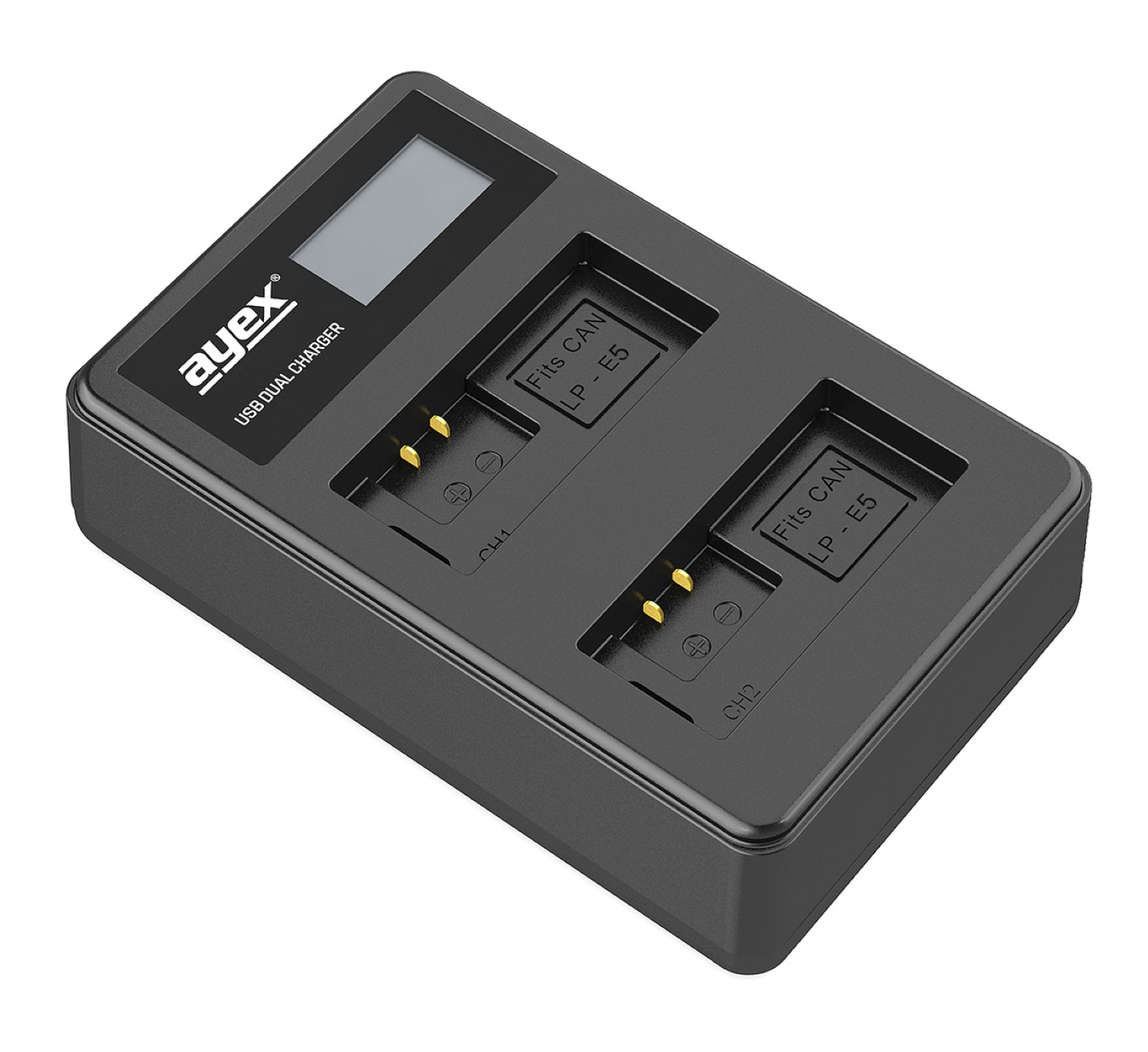 Schwarzes Dual-Akkuladegerät mit LCD-Bildschirm und Steckplätzen für LP-E5.