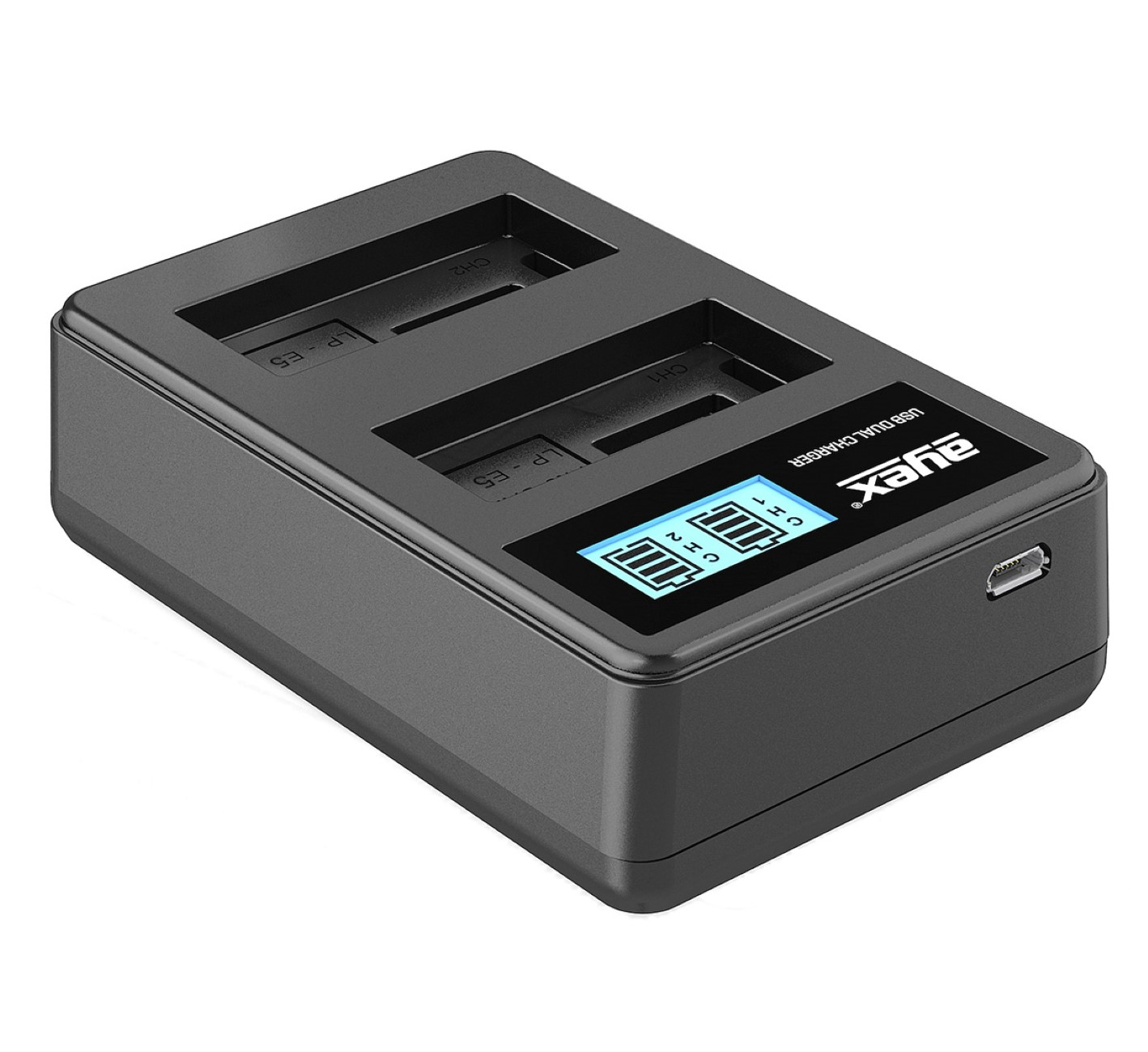 Schwarzes Dual-Slot-Ladegerät mit Digitalanzeige für Ladestatus. USB-Anschluss an der Seite.
