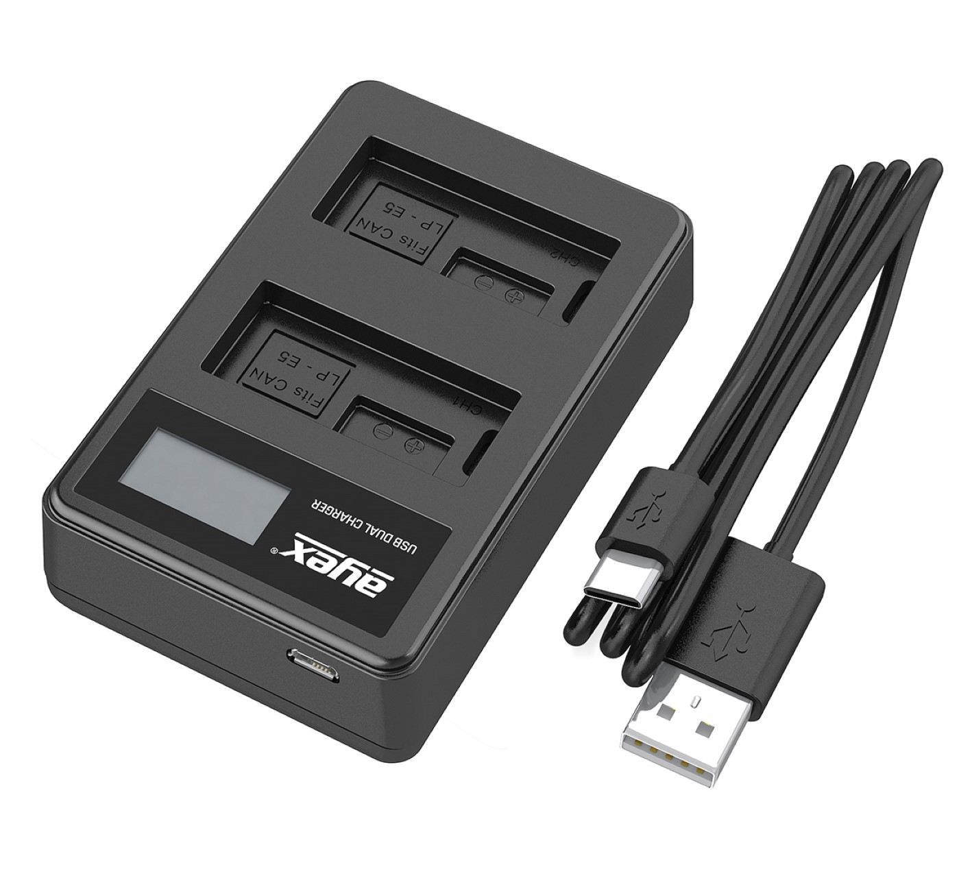 Ein schwarzes Dual-USB-Ladegerät mit zwei USB-C-Kabeln und einem USB-A-Anschluss.
