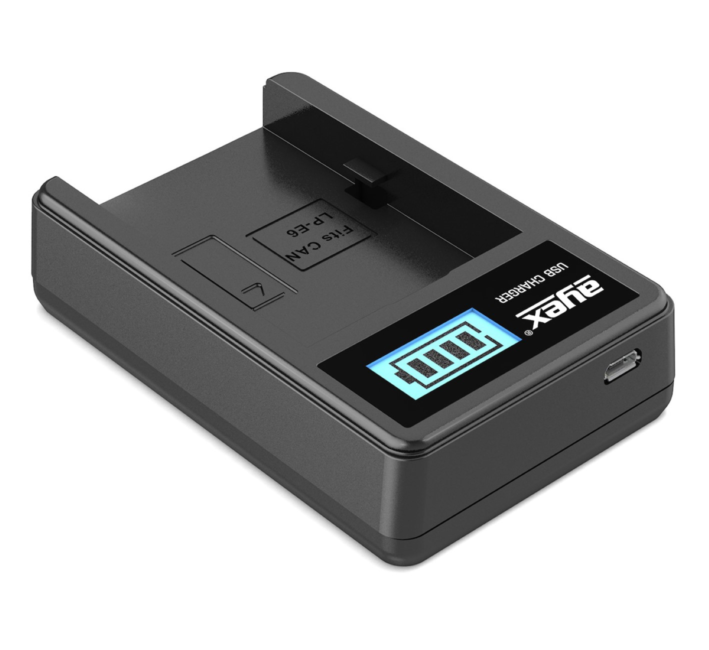 Schwarzes digitales Akkuladegerät mit LCD, das den Batterieladestand anzeigt.