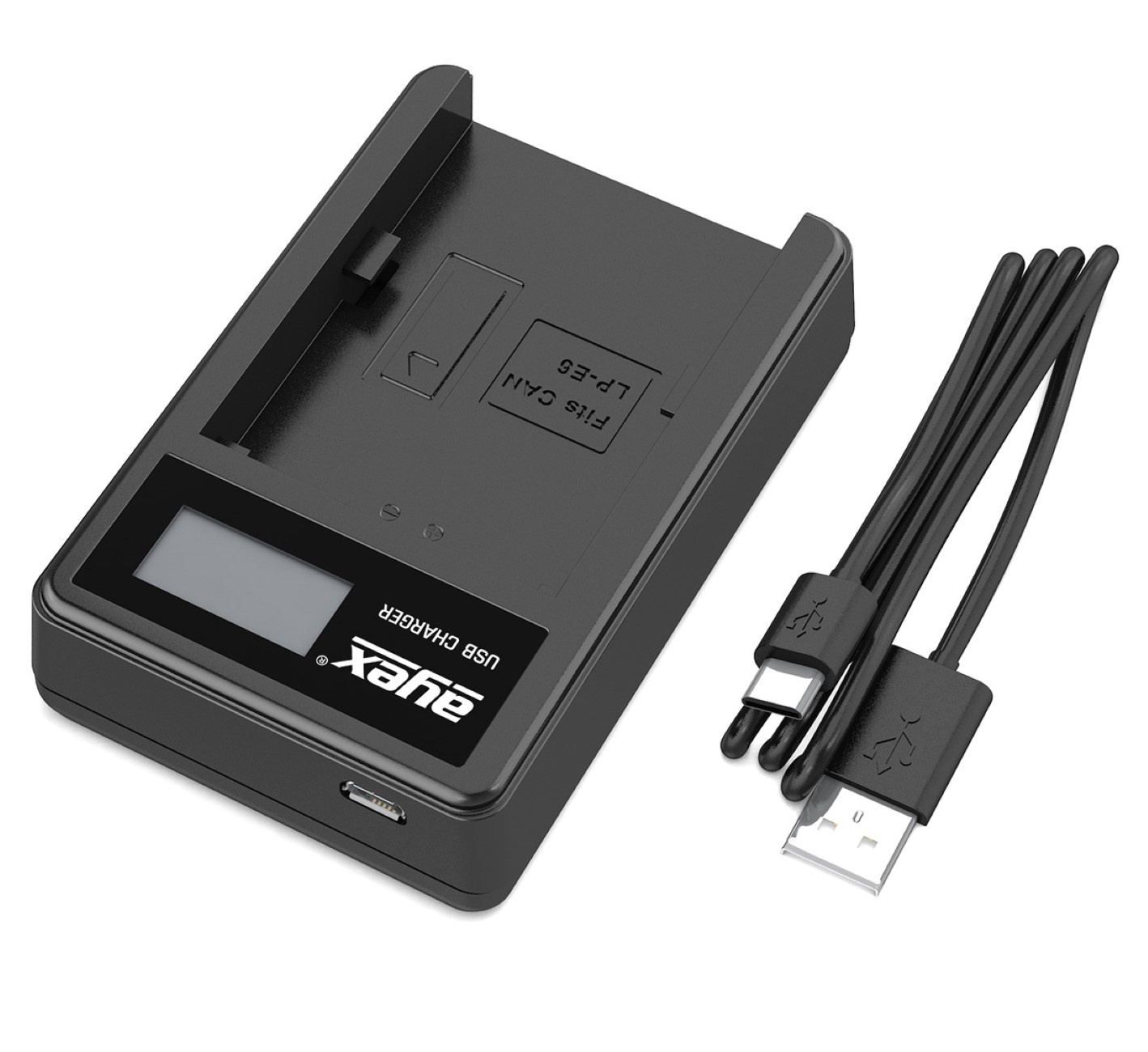 Schwarzes USB-Ladegerät mit zwei USB-Kabeln und Display.