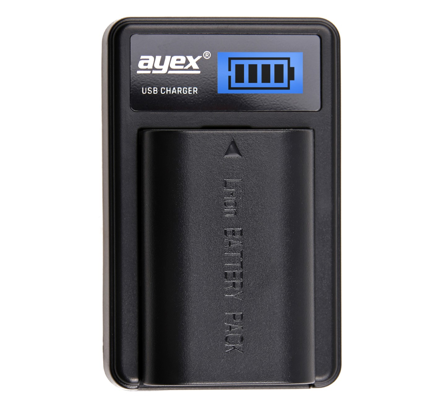 Schwarzes Batterieladegerät mit blauer Anzeige und Akkupack im Inneren. Weißer Hintergrund.
