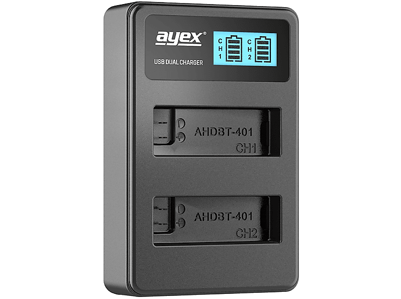 AYEX USB Dual Ladegerät für GoPro AHDBT-401 Akkus für GoPro Hero 4 Black Silver, Kamera-Akku Lader, Black