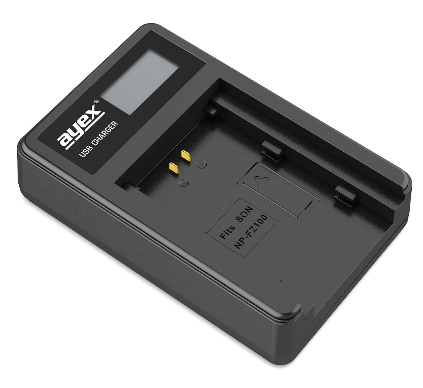 Schwarzes USB-Ladegerät für eine Kamera-Batterie, angewinkelte Ansicht.