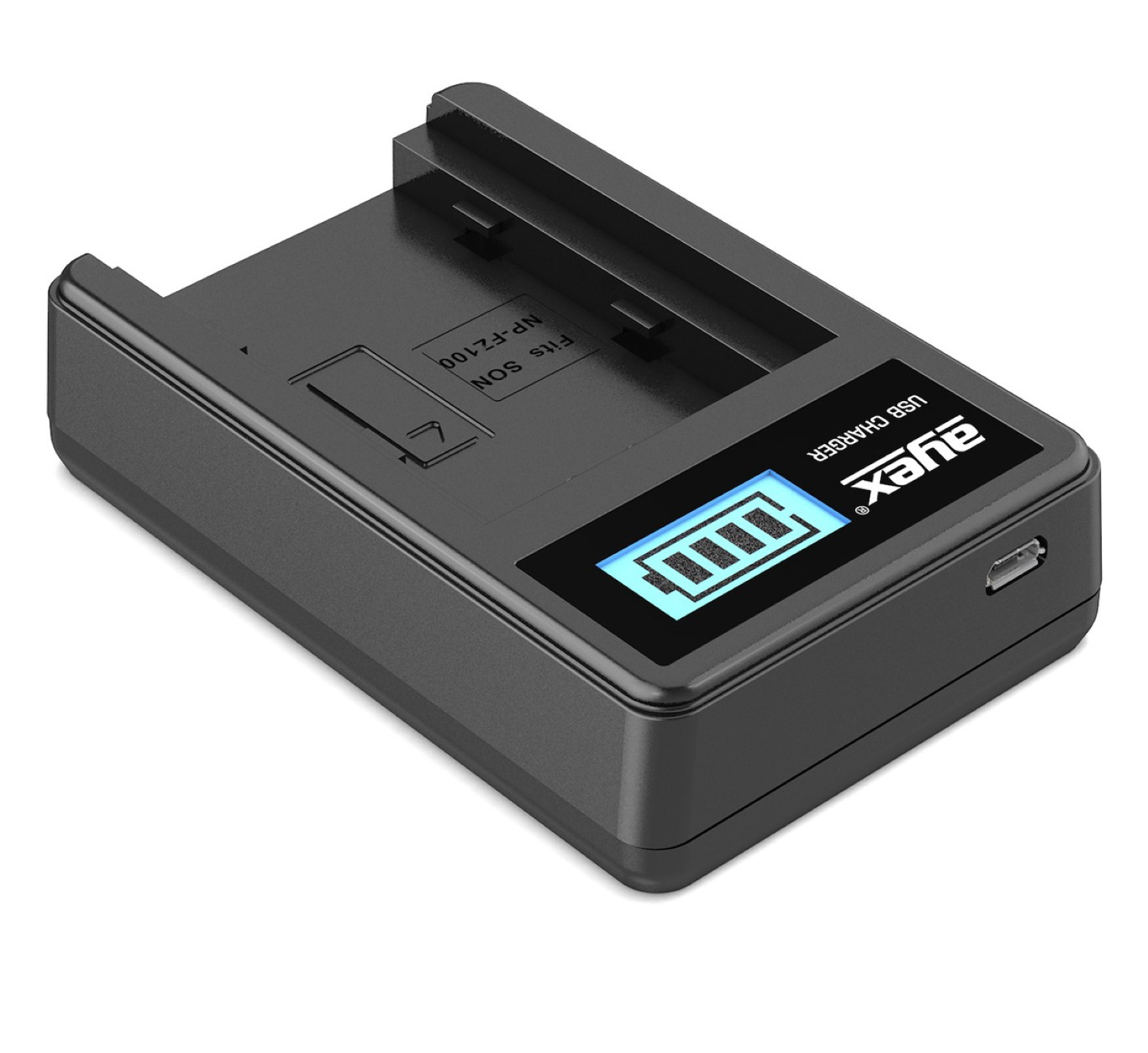Ein schwarzes Batterieladegerät mit Digitalanzeige und USB-Anschluss. Es zeigt eine Ladung des Akkus.