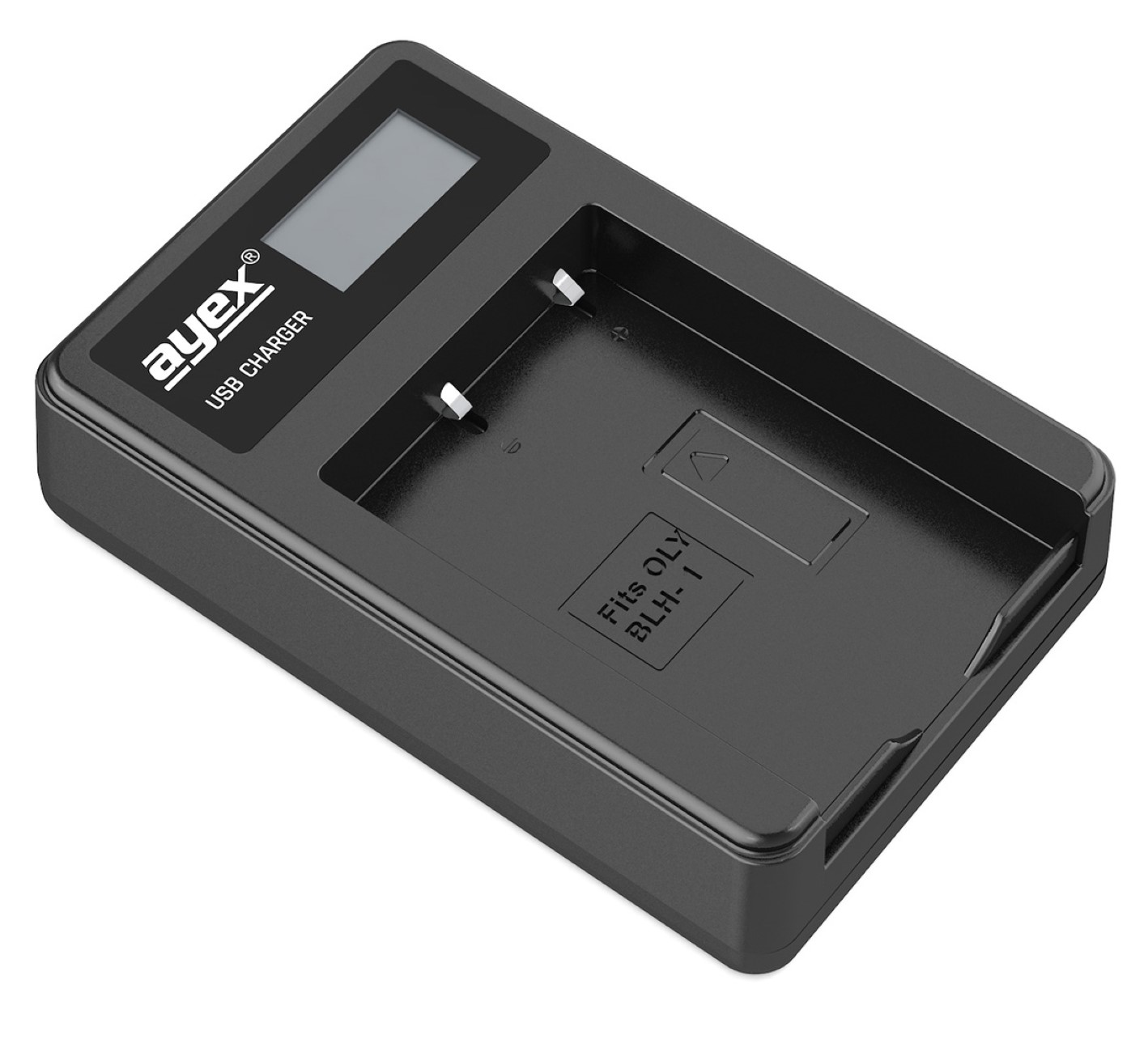 Schwarzes Kamera-Akkuladegerät mit digitaler Anzeige und der Marke „ayex“.