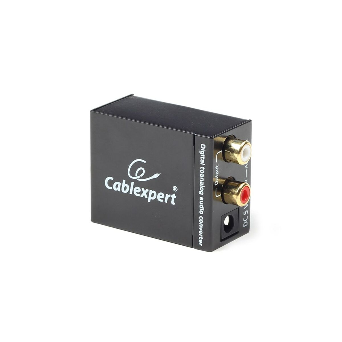 Convertidor de audio digital a analógico negro. Tiene puertos de salida RCA y una entrada de 5 V CC.