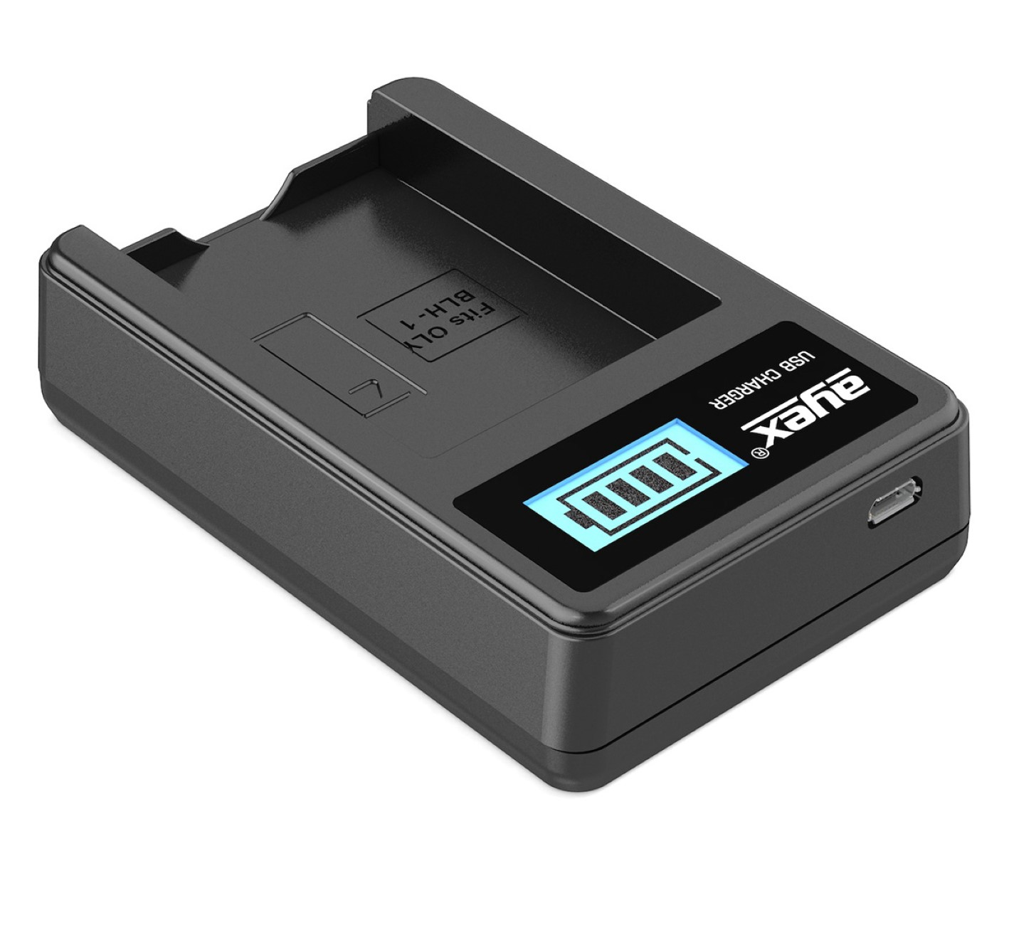 Schwarzes USB-Ladegerät mit blauem Display, das den Batterieladestand anzeigt.