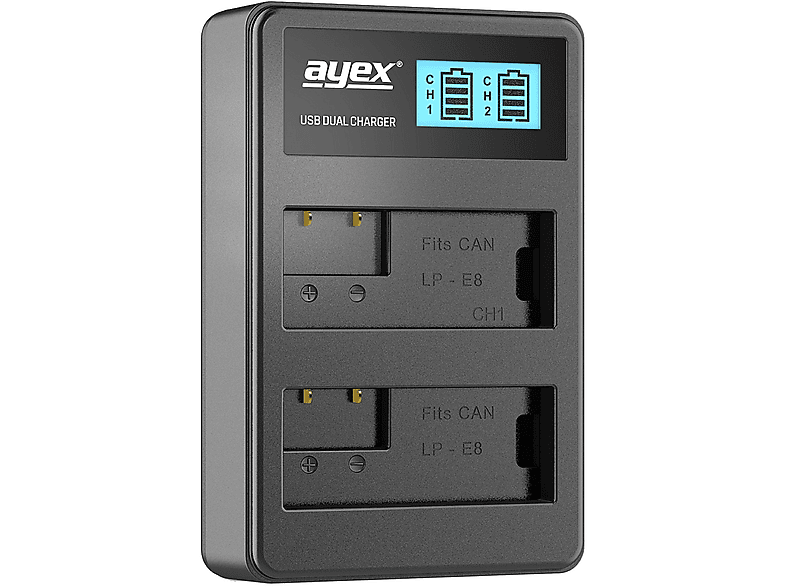 AYEX USB Dual Ladegerät für zB 600D 550D, Lader, 700D Canon Kamera-Akku Black 650D EOS LP-E8 Canon