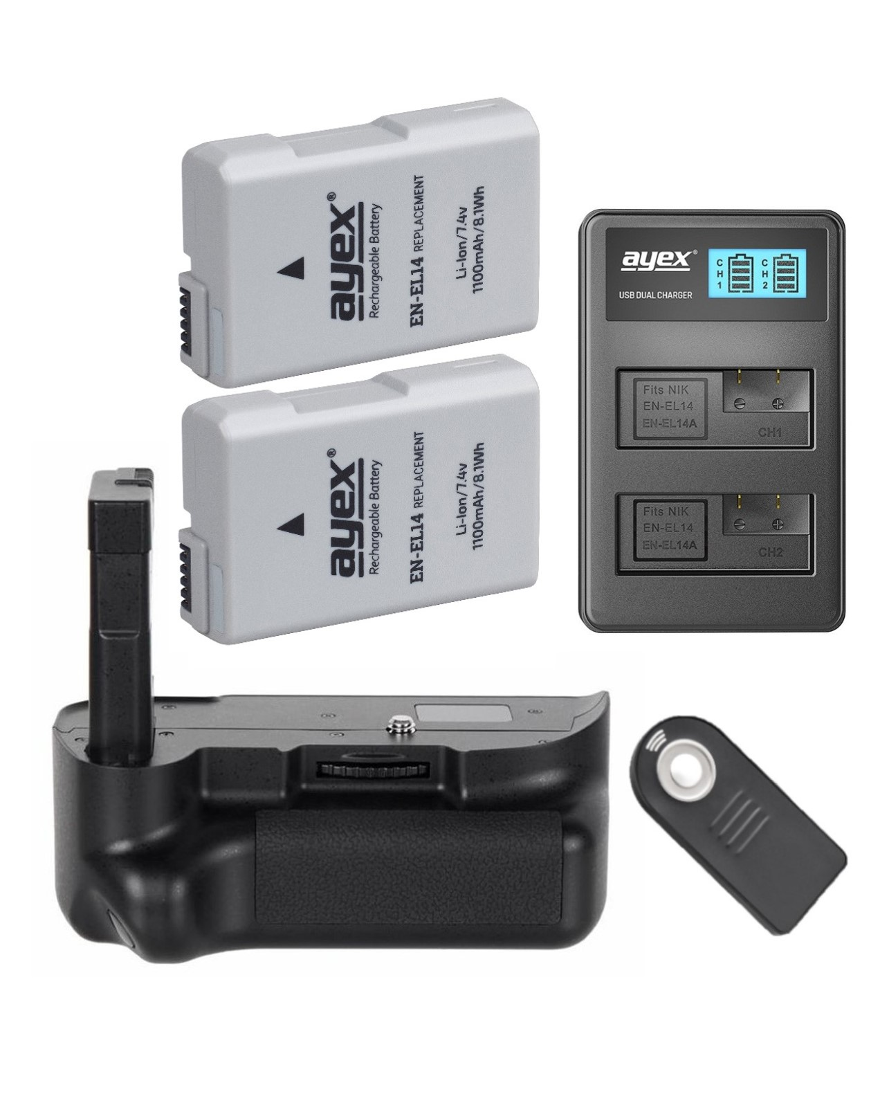 Ladegerät, Dual D5100 2x AYEX 1x Batteriegriff-Set, EN-EL14 + D5200 + + Nikon Akkugriff Black IR-Fernauslöser für USB Akku