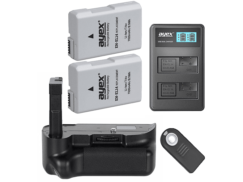 AYEX Akkugriff für Nikon D5100 D5200 + IR-Fernauslöser + 2x EN-EL14 Akku + 1x USB Dual Ladegerät, Batteriegriff-Set, Black