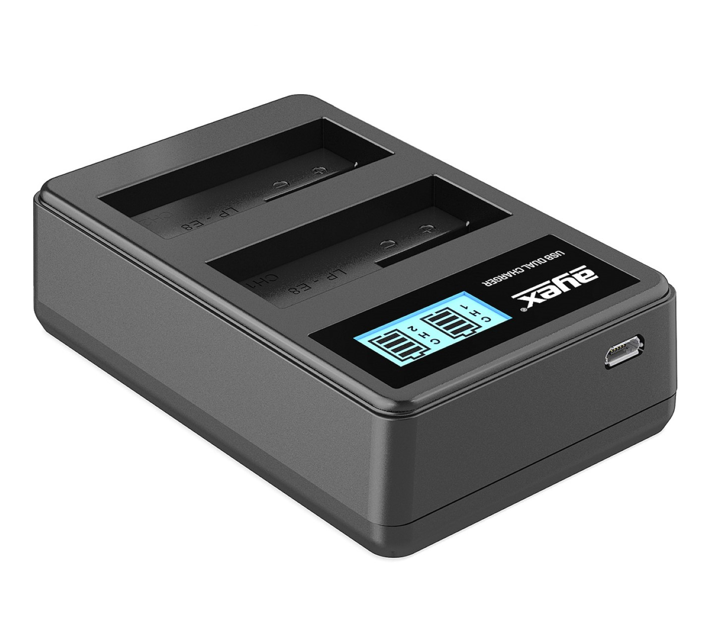 Schwarzes Dual-Akkuladegerät mit Display auf weißem Hintergrund. USB-Anschluss ist sichtbar.