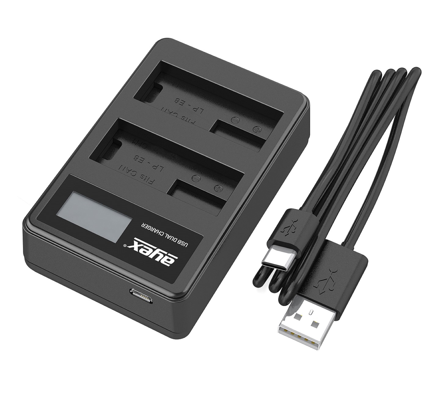 Schwarzes Dual-Bay-Kamera-Akkuladegerät. Es hat ein digitales Display und zwei Ladeschächte sowie ein USB-Kabel.