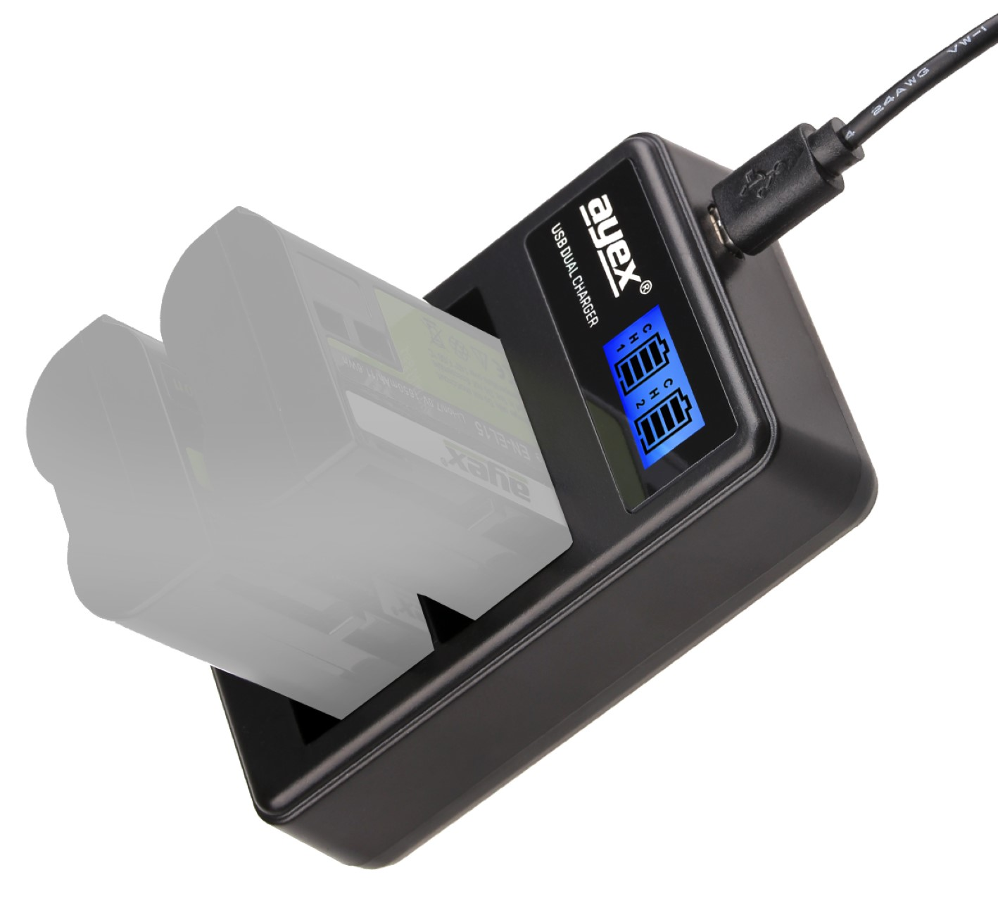 Schwarzes Doppel-Ladegerät mit eingesetzter Batterie und einer weiteren. USB-Kabel angeschlossen. Blaue Ladeanzeigen.
