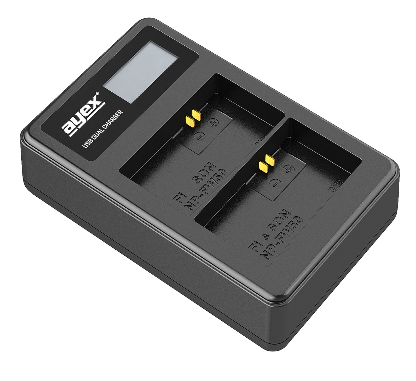 Ein schwarzes USB-Dual-Ladegerät mit zwei Akkuschächten und einem kleinen Display.