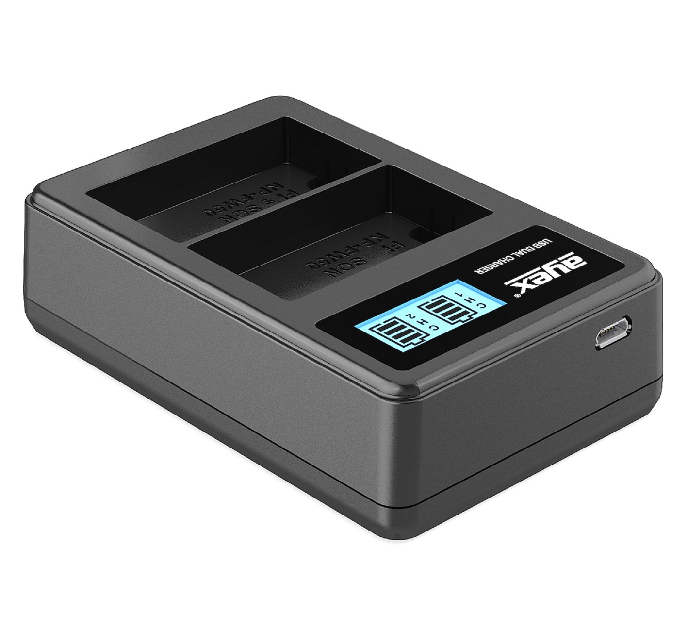 Ein schwarzes Dual-Batterieladegerät mit einem Bildschirm, der den Ladestatus anzeigt, mit USB-Anschluss.