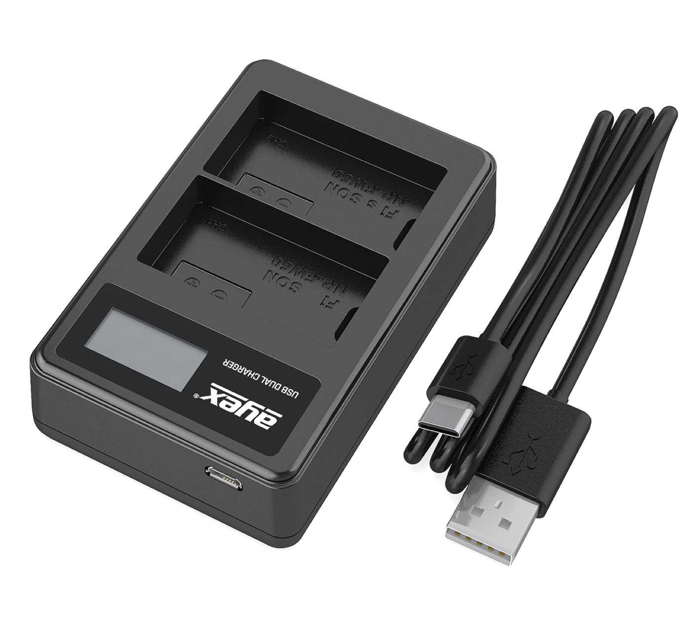 Schwarzes Dual-Ladegerät mit USB- und USB-C-Kabeln. Das Ladegerät hat zwei Steckplätze und einen kleinen Bildschirm.