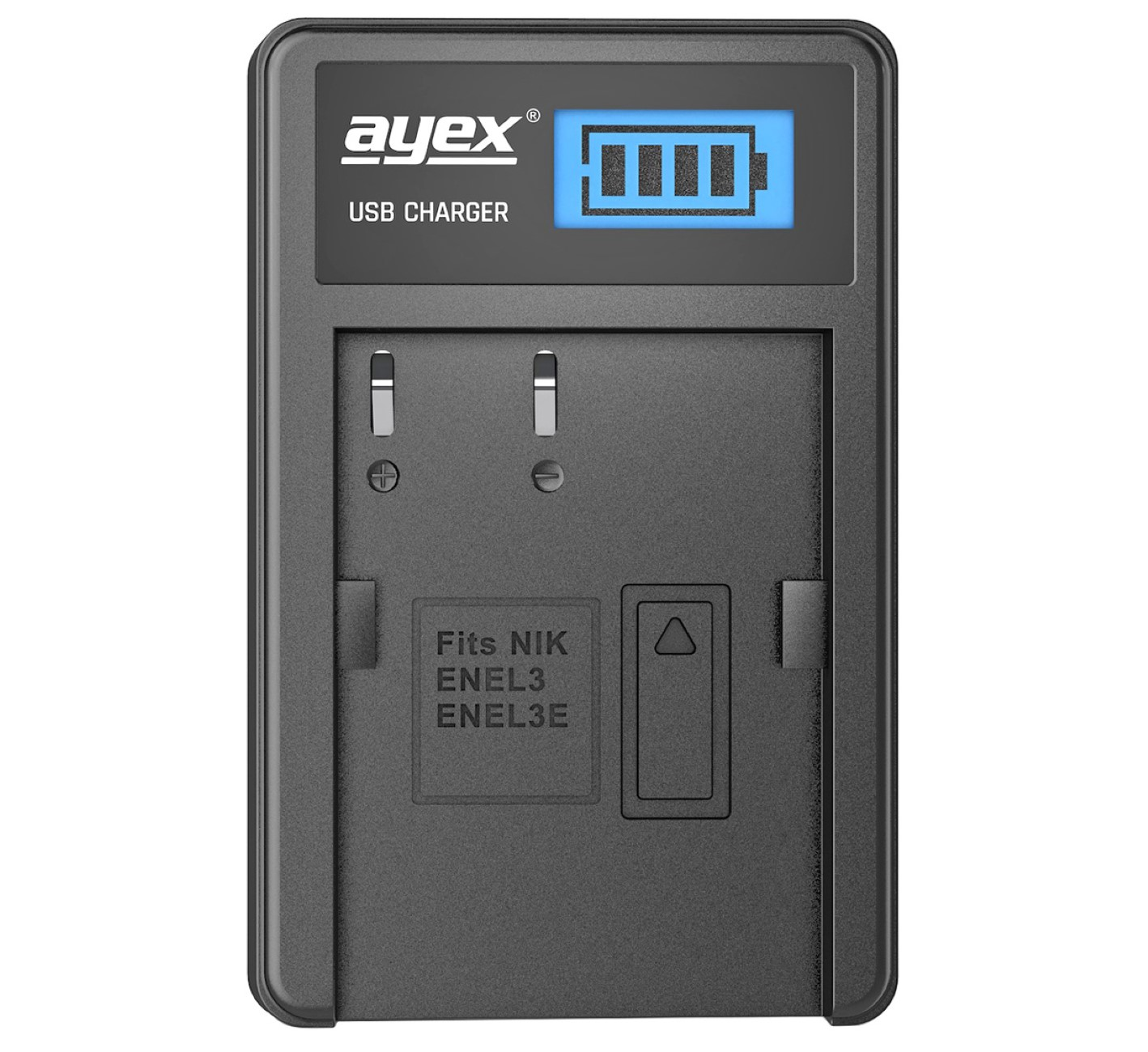 Schwarzes Batterieladegerät mit blauem Display. Es hat ein Batteriesymbol und passt für NIK ENEL3/E Batterien.