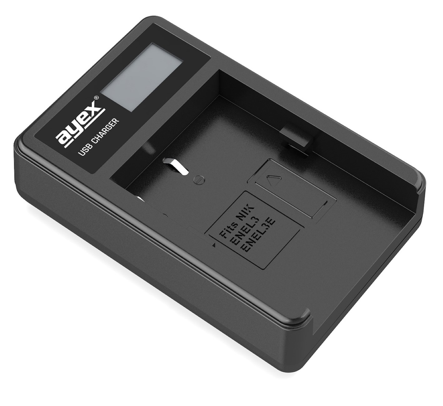 Schwarzes ayex USB-Ladegerät, schräge Ansicht, mit einem Batterieschacht.
