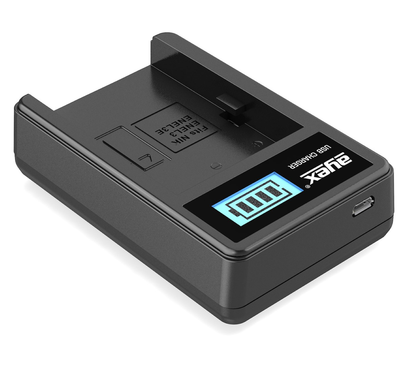 Schwarzes USB-Ladegerät mit einem Bildschirm, der ein Batteriesymbol anzeigt.