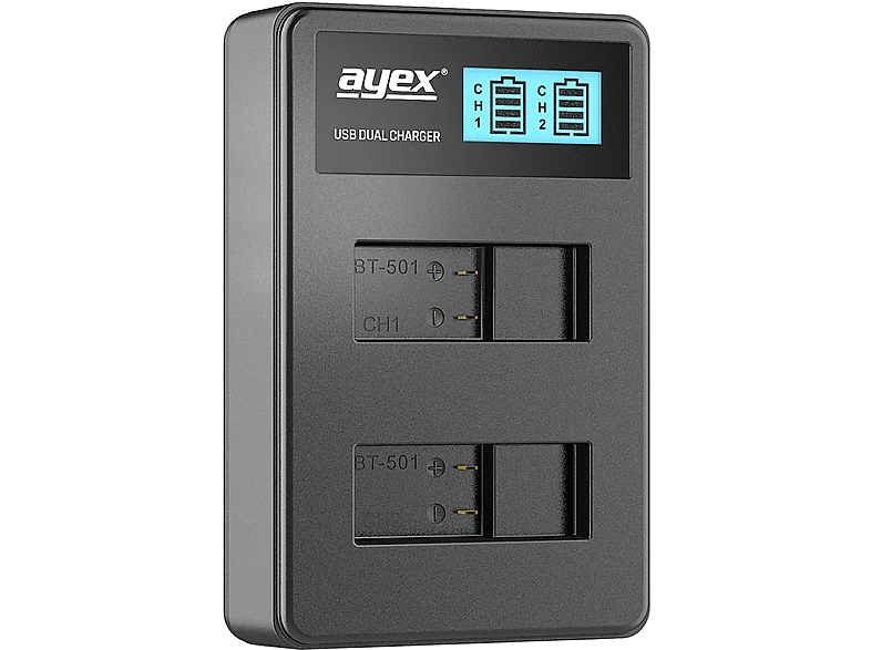 AYEX USB Dual Ladegerät für GoPro AHDBT-501 Akkus für GoPro Hero 8 7 6 5 Black Silver, Kamera-Akku Lader, Black