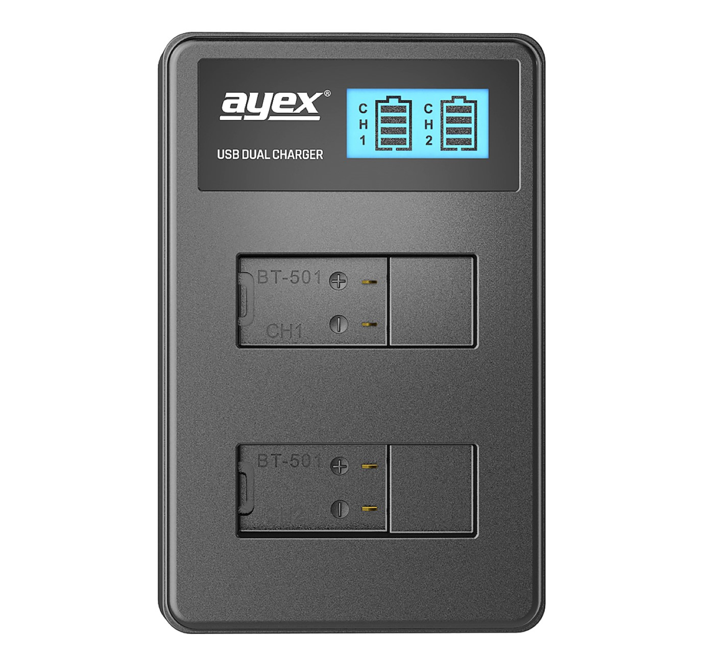 Ein schwarzes USB-Dual-Ladegerät mit zwei Ladeanzeigen, mit weißem Hintergrund. ayex-Logo sichtbar.