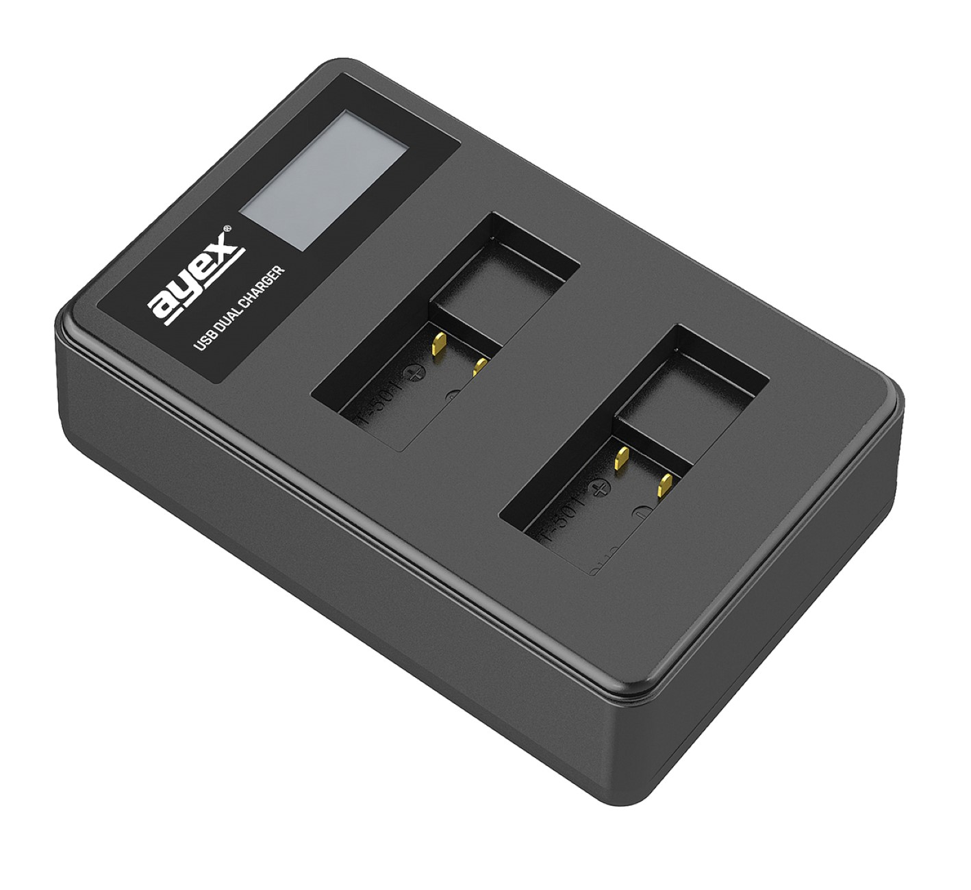 Schwarzes Dual-Ladegerät mit kleinem Display und zwei Ladeanschlüssen.