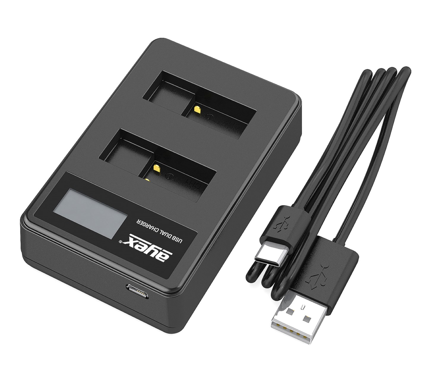 Ein schwarzes Dual-USB-Ladegerät mit Kabeln.