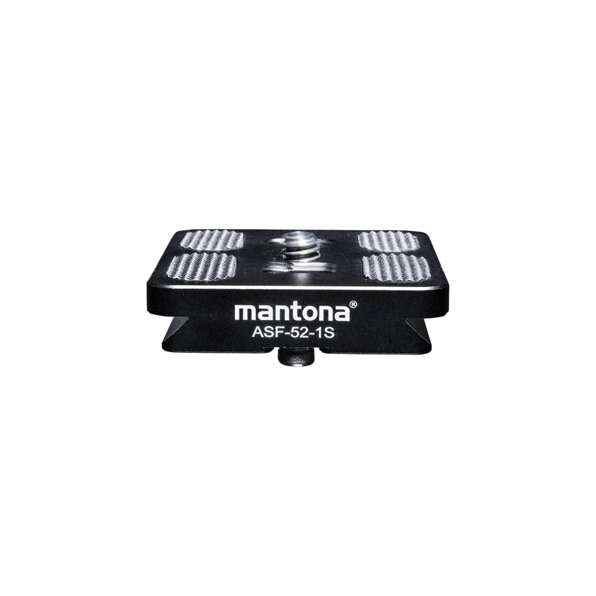 Una piccola piastra per fotocamera nera con vite, progettata per il montaggio su un treppiede. Il marchio 'mantona' è visibile.