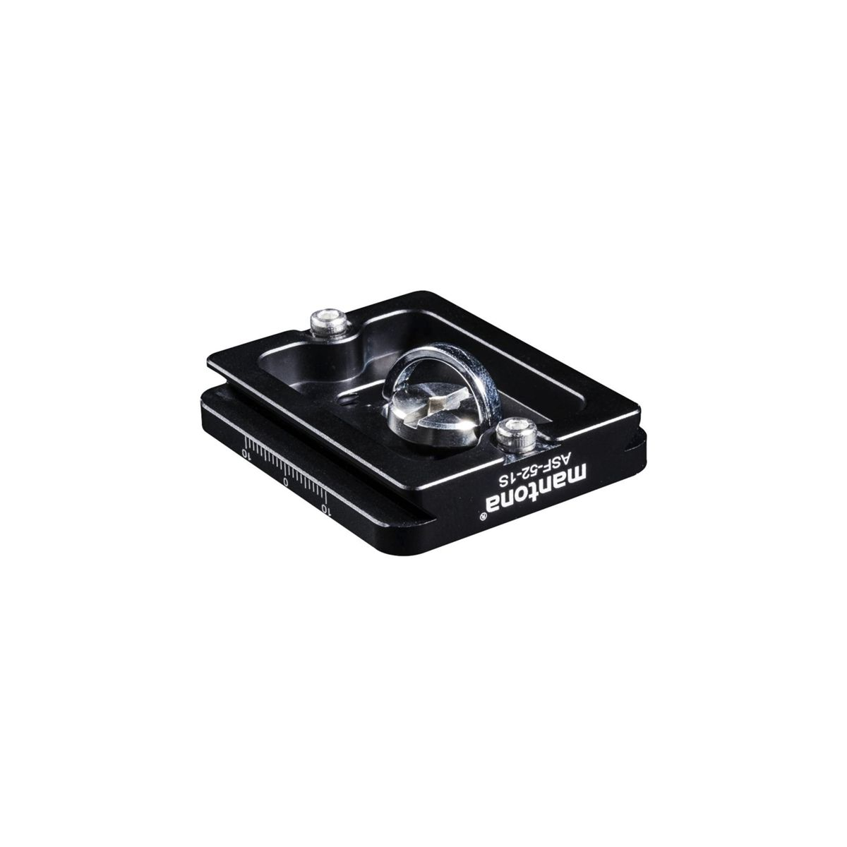 Piastra fotocamera nera con vite e anello. Sfondo bianco.