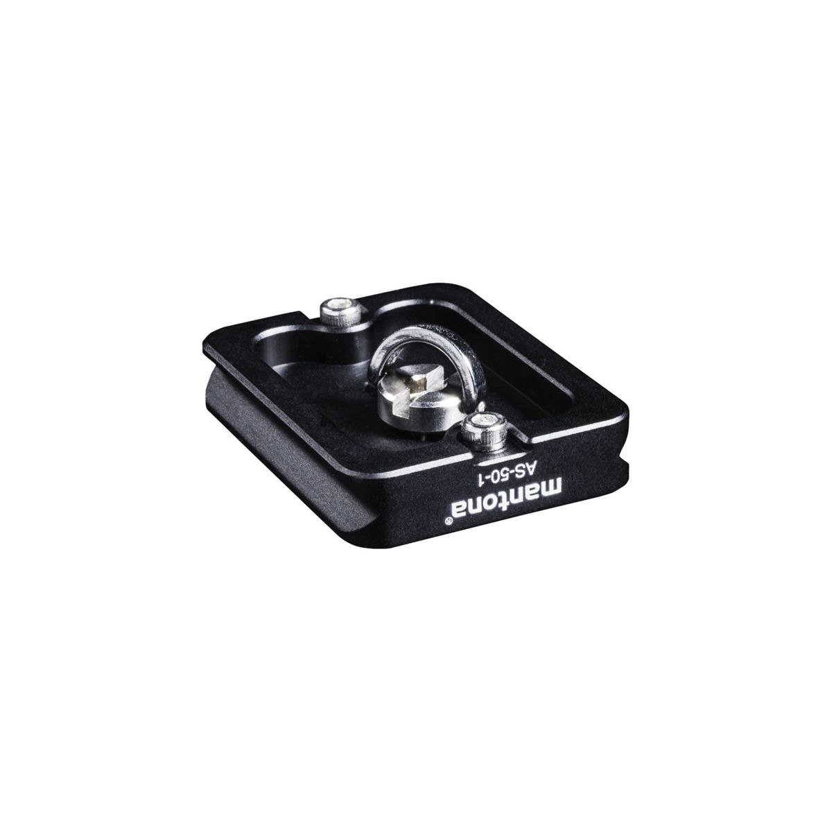 Una piastra a sgancio rapido per fotocamera nera con un anello e due viti, su sfondo bianco.