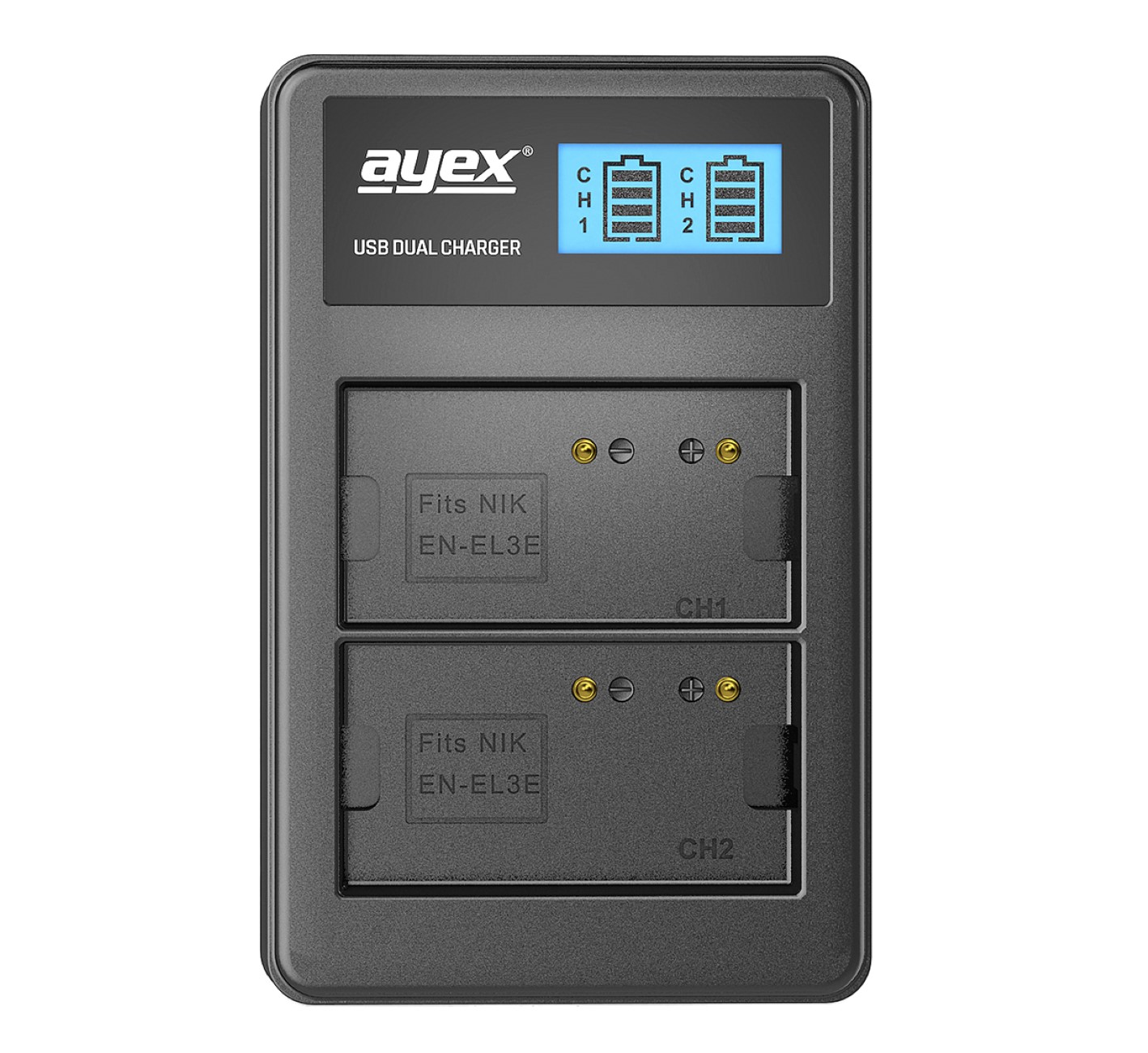 Schwarzes Dual-Kamera-Akkuladegerät mit LCD-Bildschirm, weißer Hintergrund.