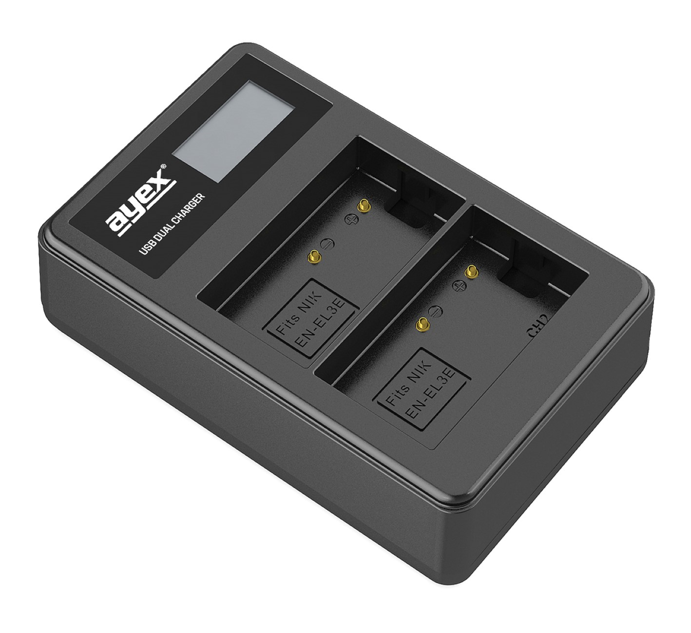 Schwarzes Dual-USB-Ladegerät mit Display, zwei Ladeschlitzen und Text „ayex“.