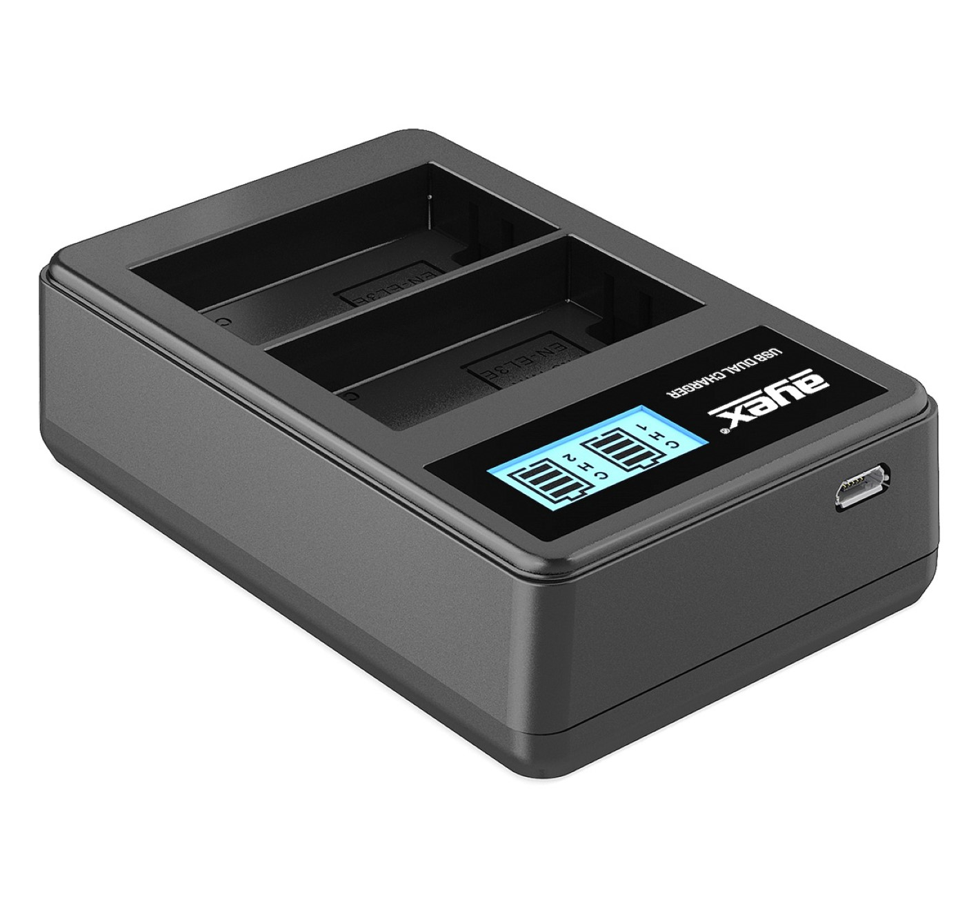 Ein schwarzes Dual-Akkuladegerät mit LCD-Bildschirm, USB-Anschluss und zwei Ladeschlitzen für Akkus.