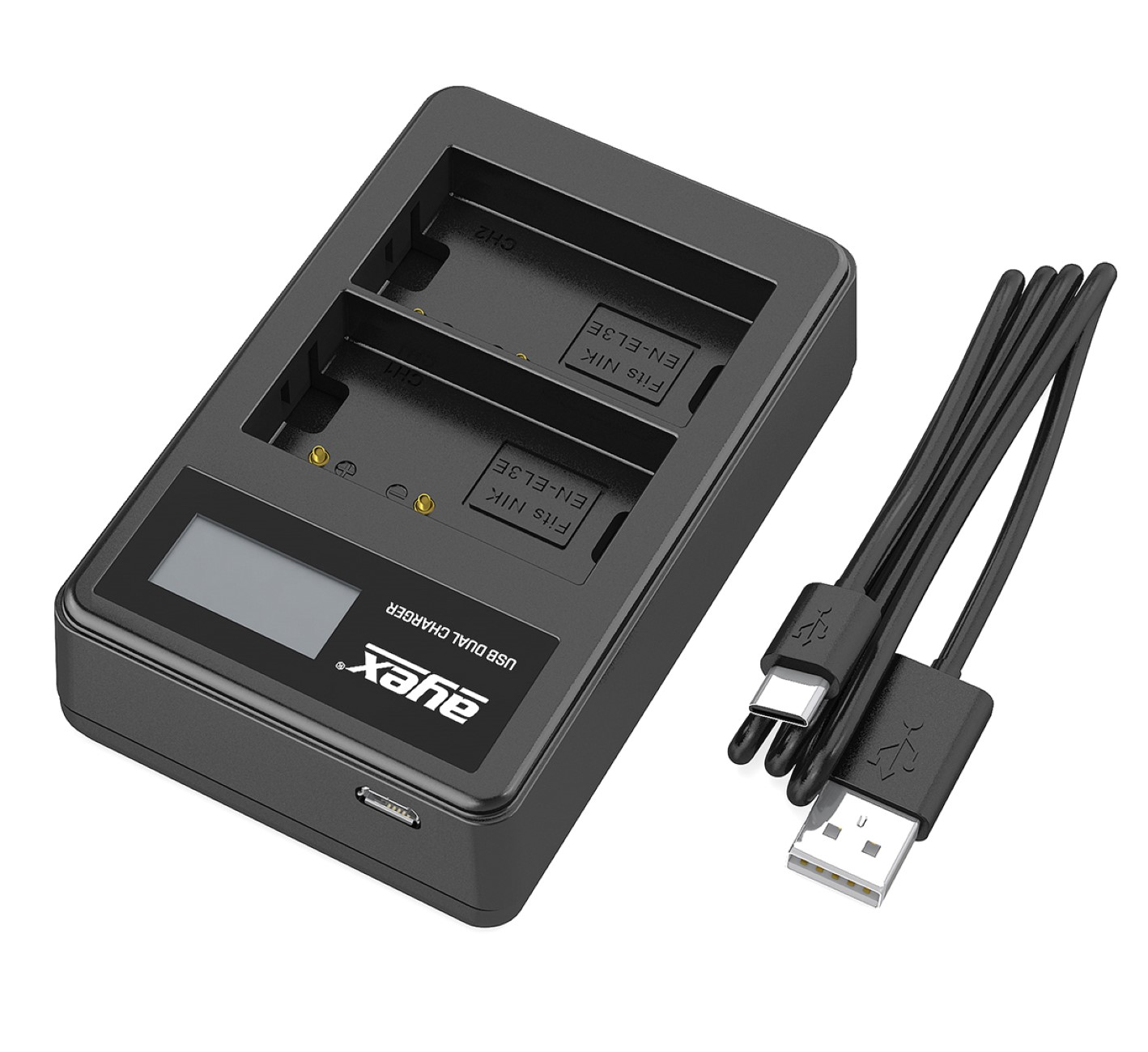 Schwarzes Dual-USB-Ladegerät mit Kabeln und Digitalanzeige, freigestellt.