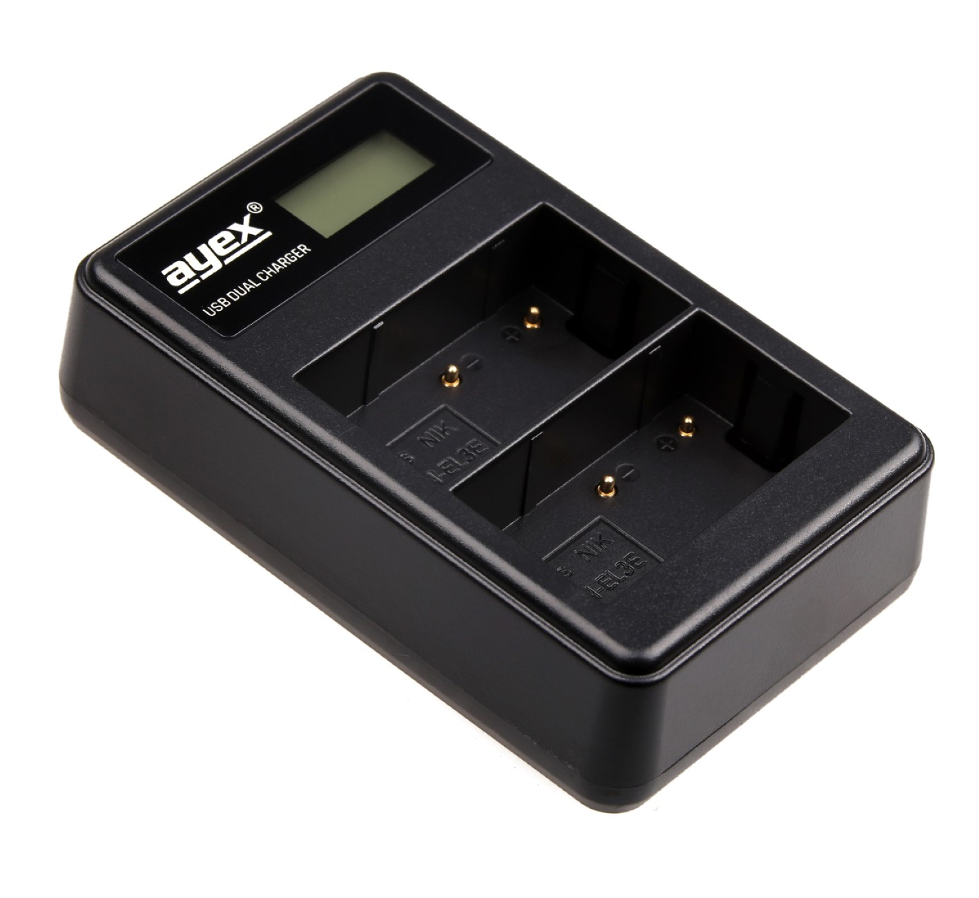 Schwarzes USB-Dual-Ladegerät mit zwei Ladeschlitzen, schräge Ansicht, weißer Hintergrund.