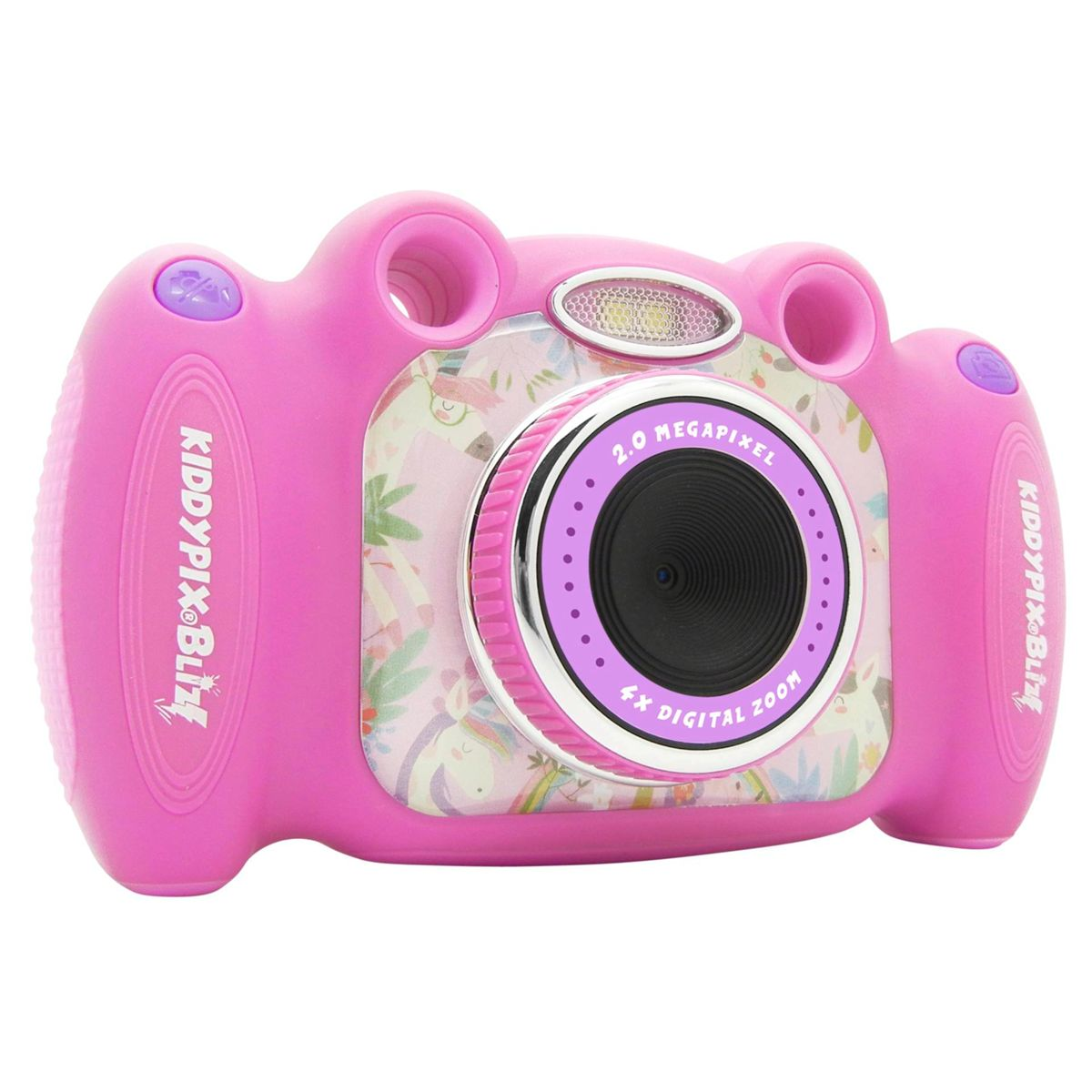 Cámara rosa KiddyPix Blitz con diseño floral alrededor de la lente.