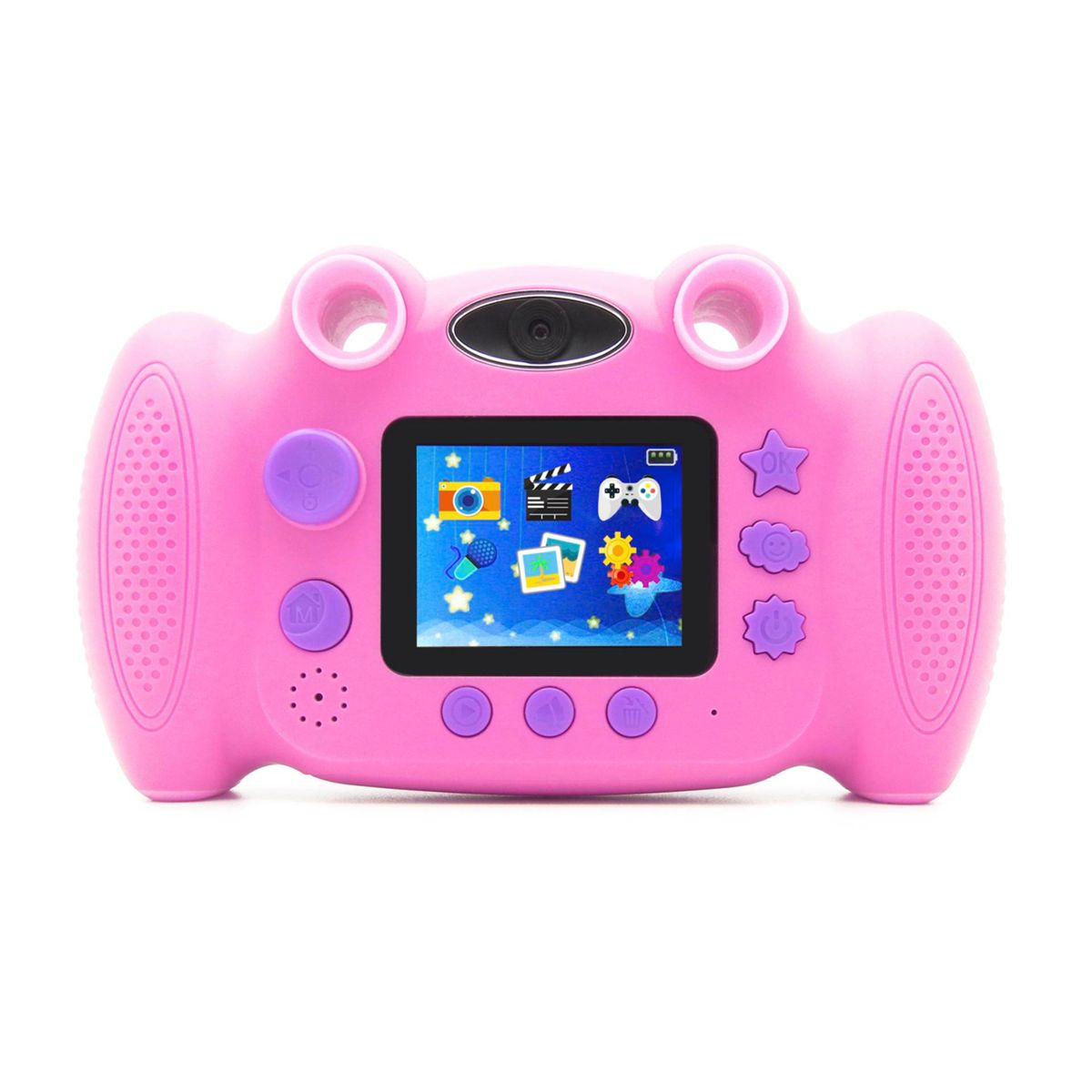 Cámara de juguete rosa con pantalla LCD y botones, diseño de rana.