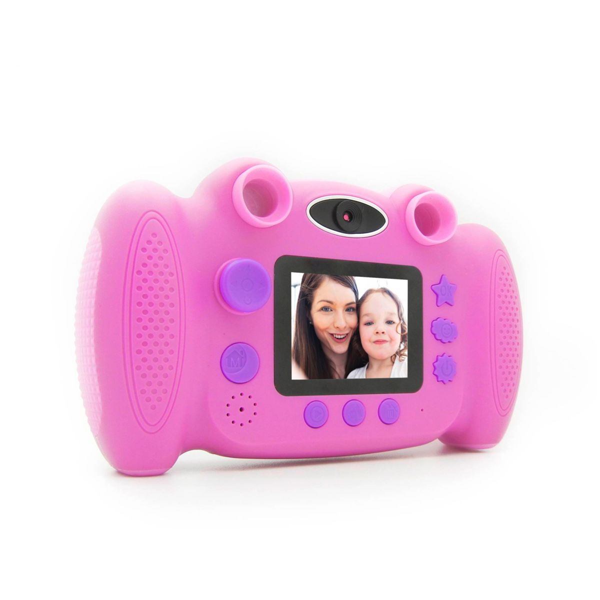 Cámara rosa para niños que muestra la imagen de una madre y un niño en la pantalla. Botones y altavoces visibles.