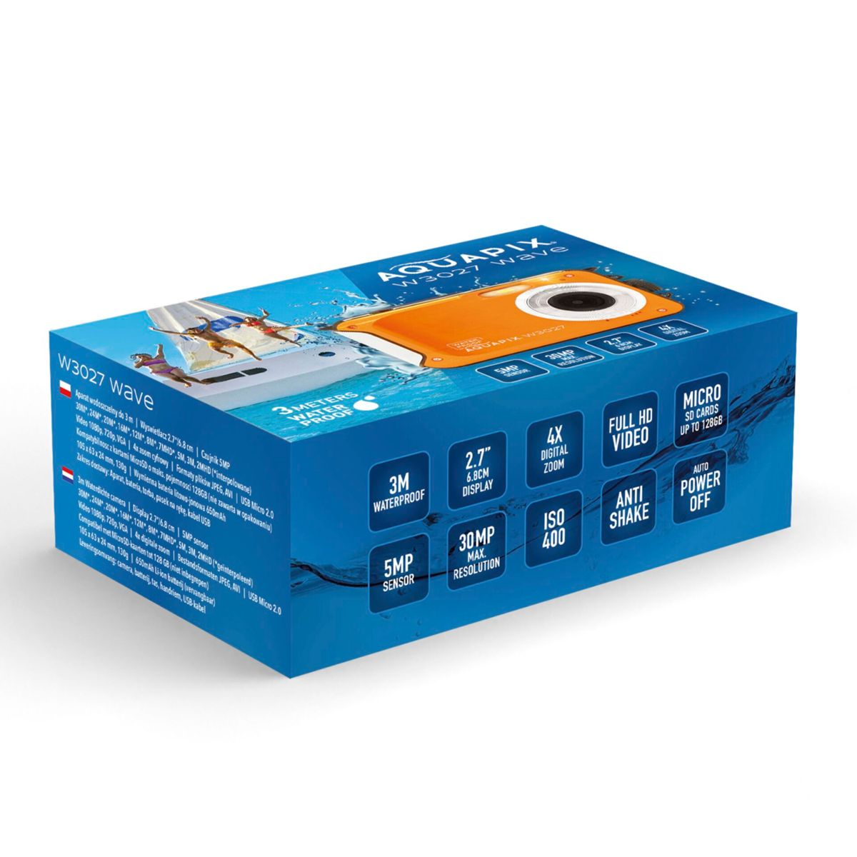 Pomarańczowe, wodoodporne pudełko na aparat, oznaczone tekstem i diagramami dla cech produktu.