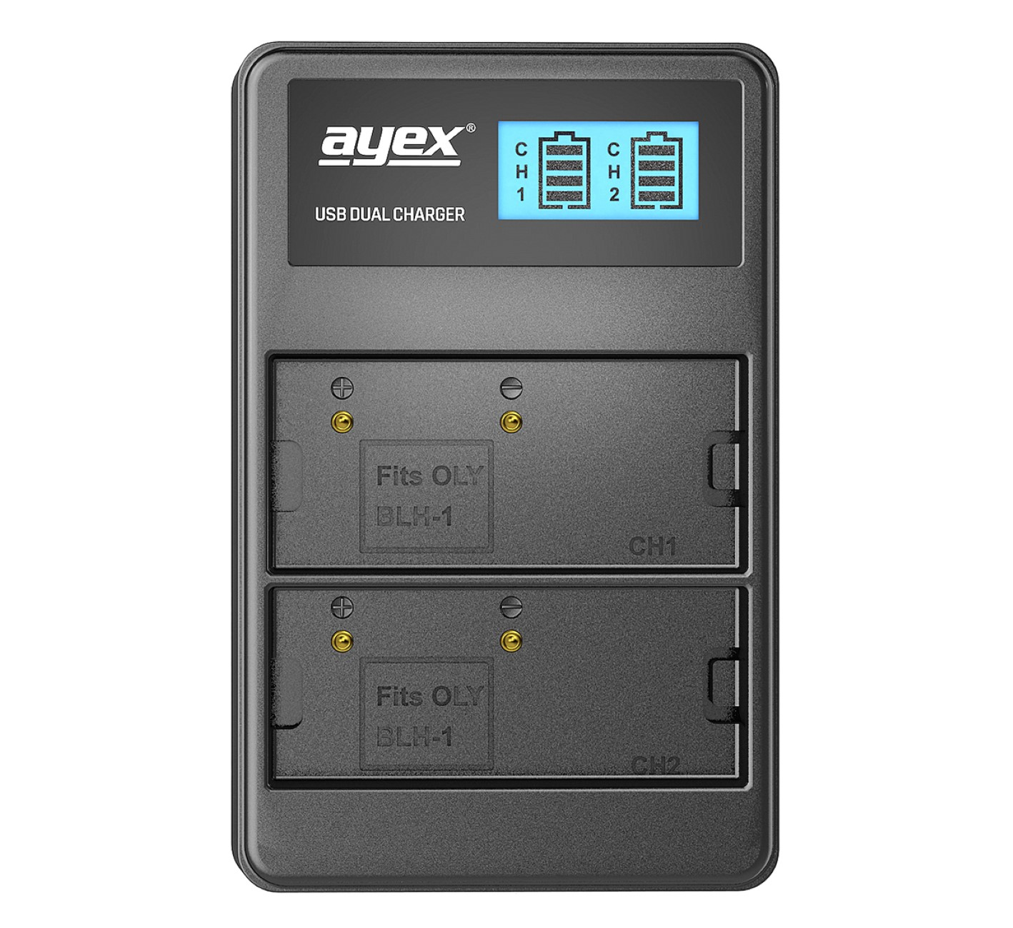 Schwarzes USB-Dual-Ladegerät. Zeigt Steckplätze für zwei Batterien mit der Aufschrift 'Fits OLY BLH-1'. Anzeigen und Tasten.