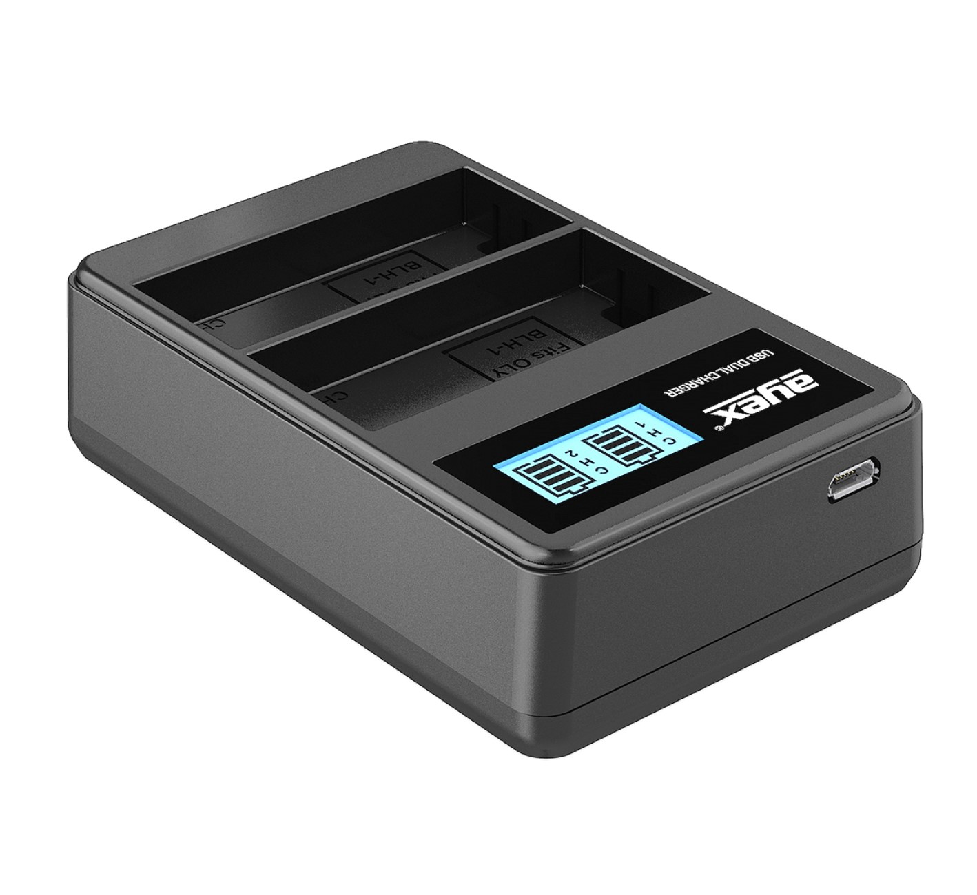 Ein schwarzes Dual-Akku-Ladegerät mit digitaler Anzeige, die Akkuladestände anzeigt.