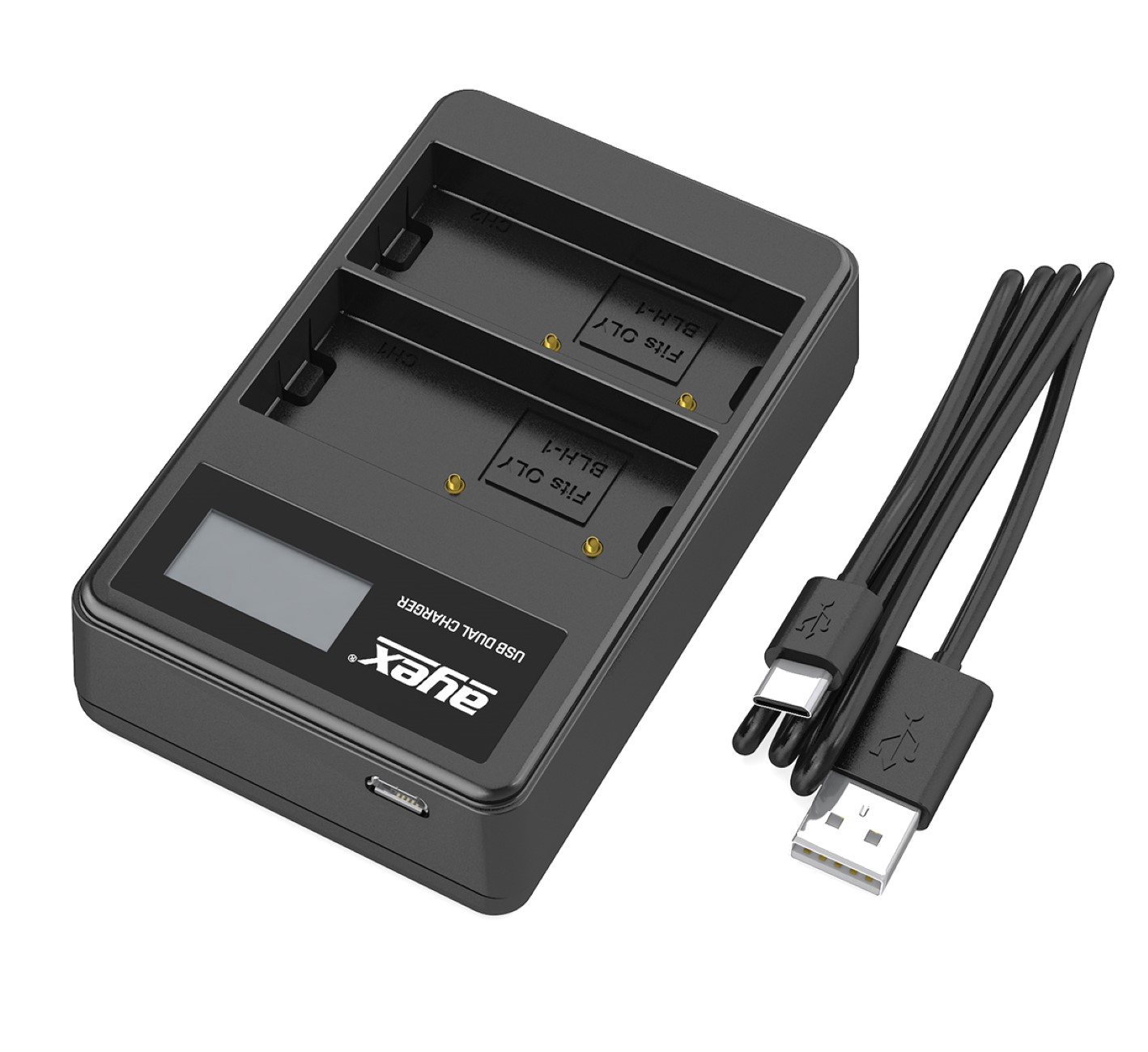 Ein schwarzes Dual-USB-Ladegerät mit zwei Batterieschächten und digitaler Anzeige, mit Kabeln.