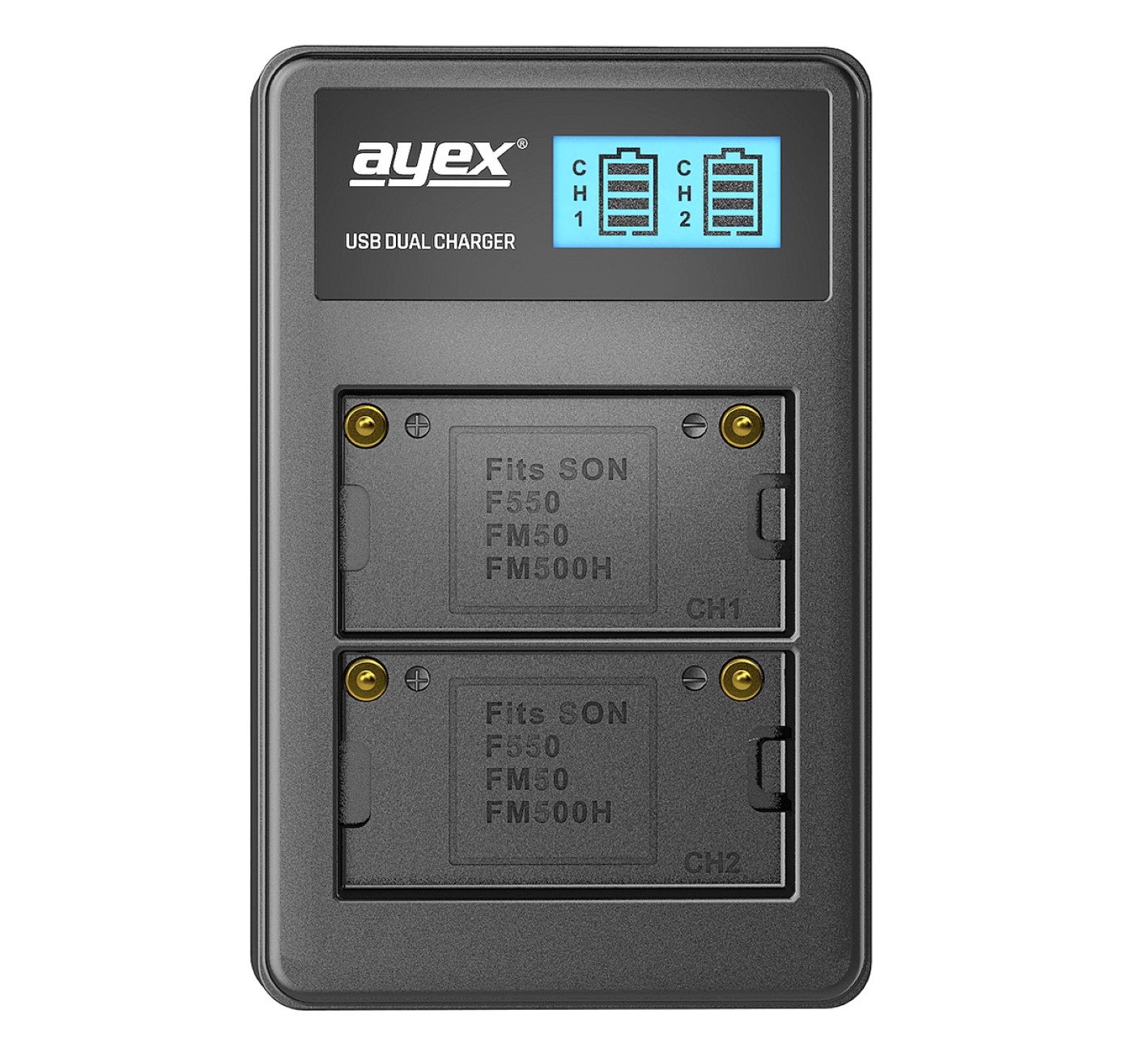 Schwarzes USB-Dual-Ladegerät mit zwei Akkufächern und Display.