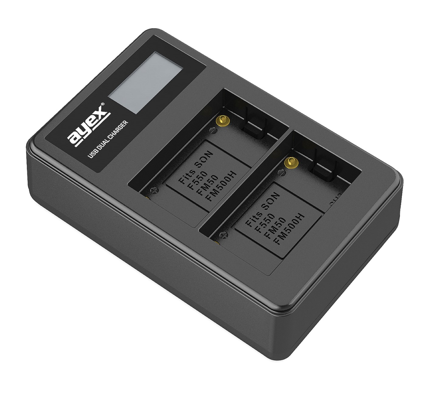 Schwarzes USB-Dual-Ladegerät. Zwei Akkufächer mit der Aufschrift 'Fits Sony F550/FM50/FM500H'. Weißer Hintergrund.
