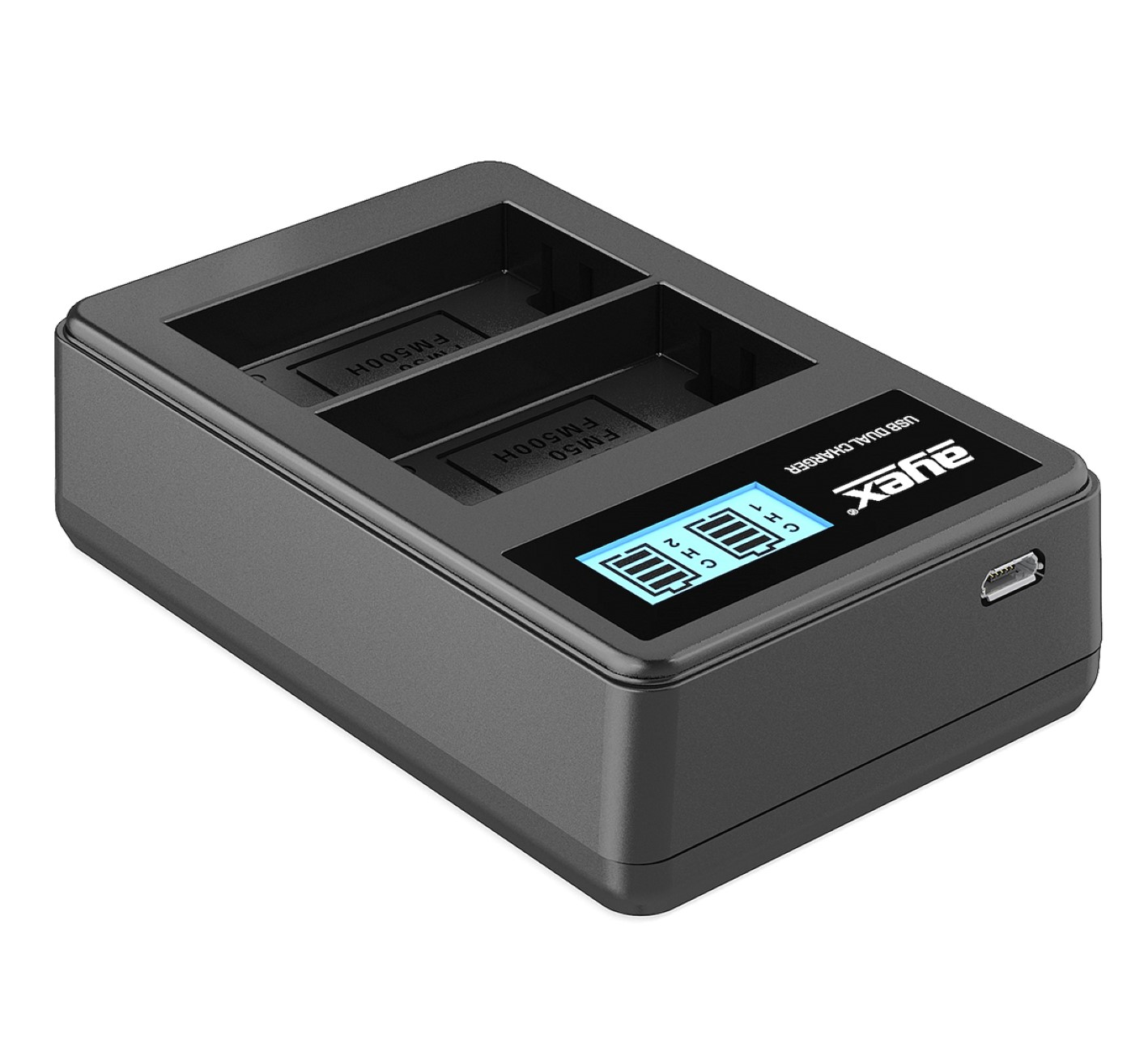 Schwarzes ayex USB-Dual-Ladegerät mit zwei Ladeschächten, Anzeige der Akkuladestände.