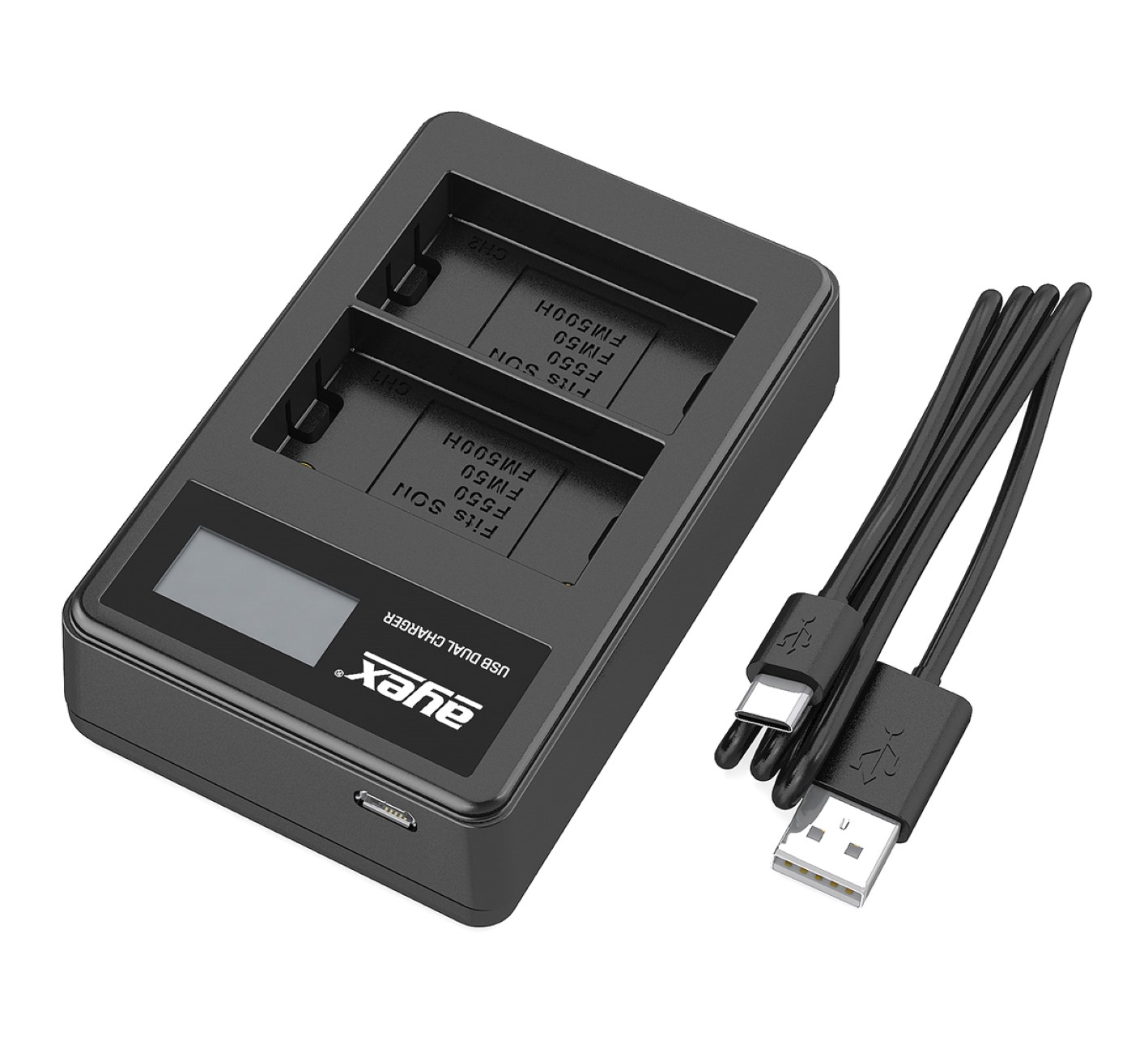 Schwarzes Dual-USB-Ladegerät mit Digitalanzeige und zwei Schächten für Batterien, und USB-Kabel.